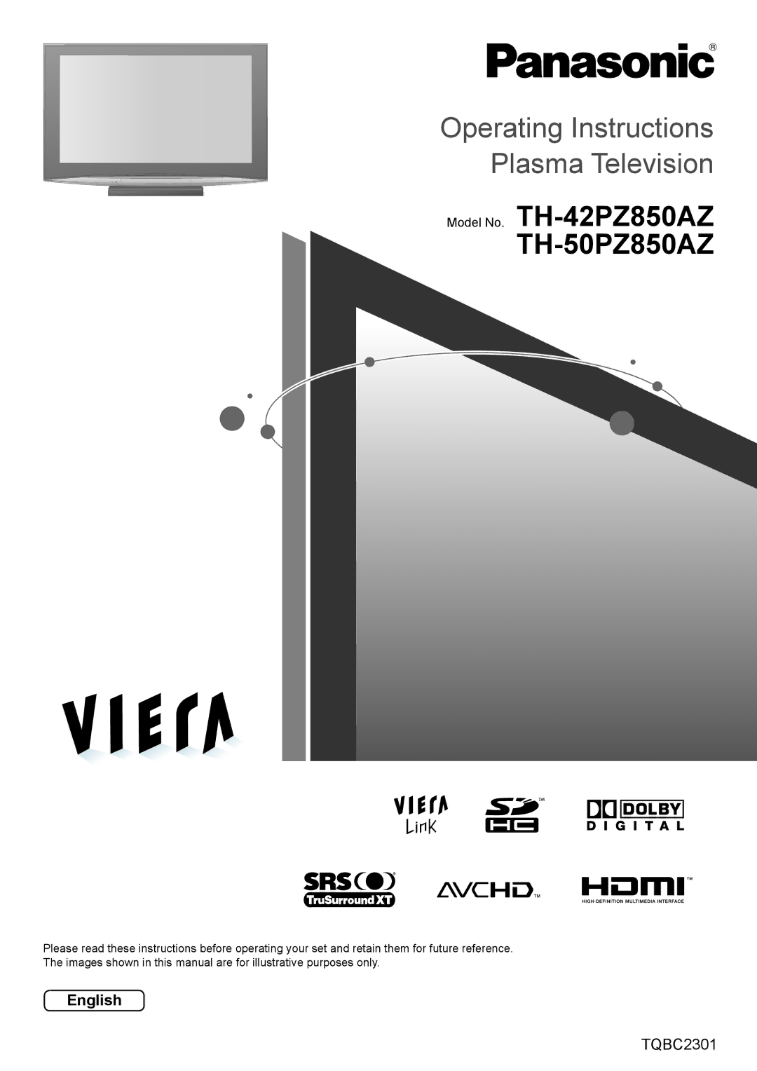 Panasonic operating instructions Model No. TH-42PZ850AZ TH-50PZ850AZ, English 