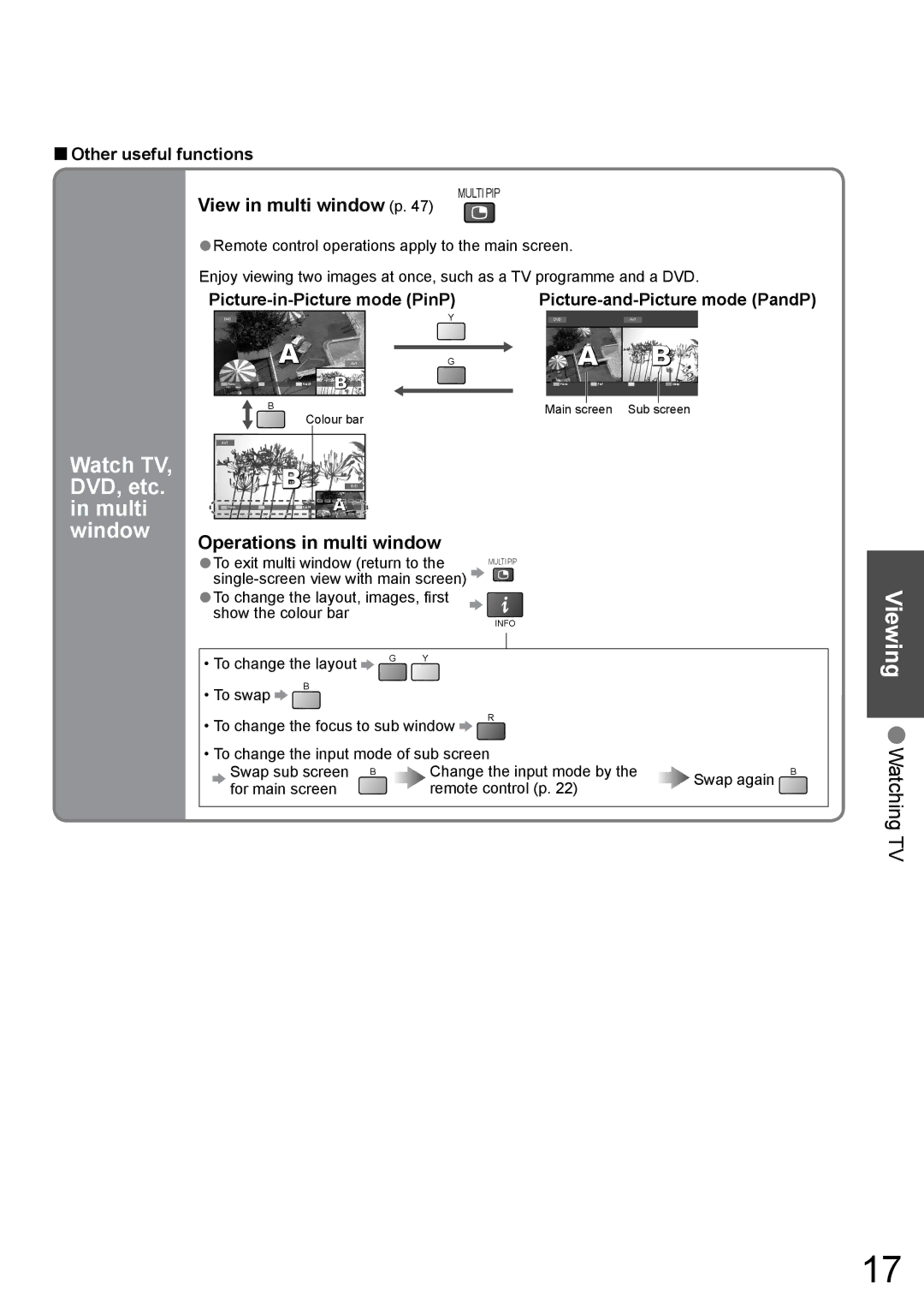 Panasonic TH-42PZ850AZ, TH-50PZ850AZ Watch TV DVD, etc Multi Window, View in multi window p, Operations in multi window 