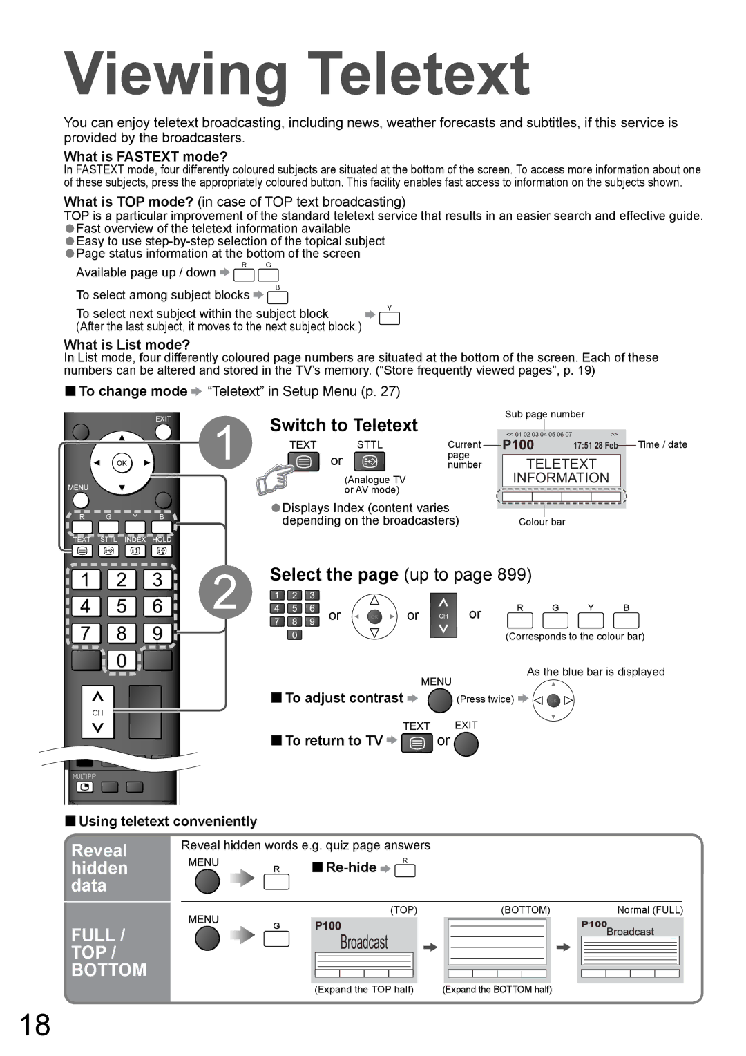 Panasonic TH-50PZ850AZ, TH-42PZ850AZ Viewing Teletext, Switch to Teletext, Select the page up to, Reveal, Hidden Data 