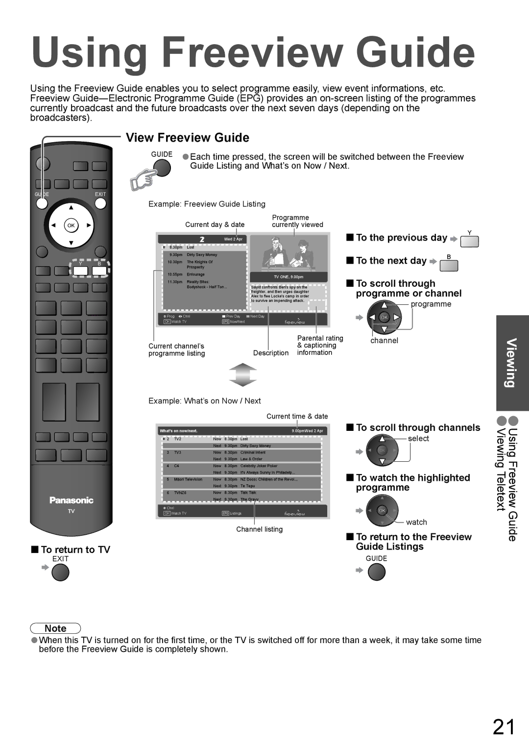 Panasonic TH-42PZ850AZ, TH-50PZ850AZ operating instructions Using Freeview Guide, Viewing, View Freeview Guide 