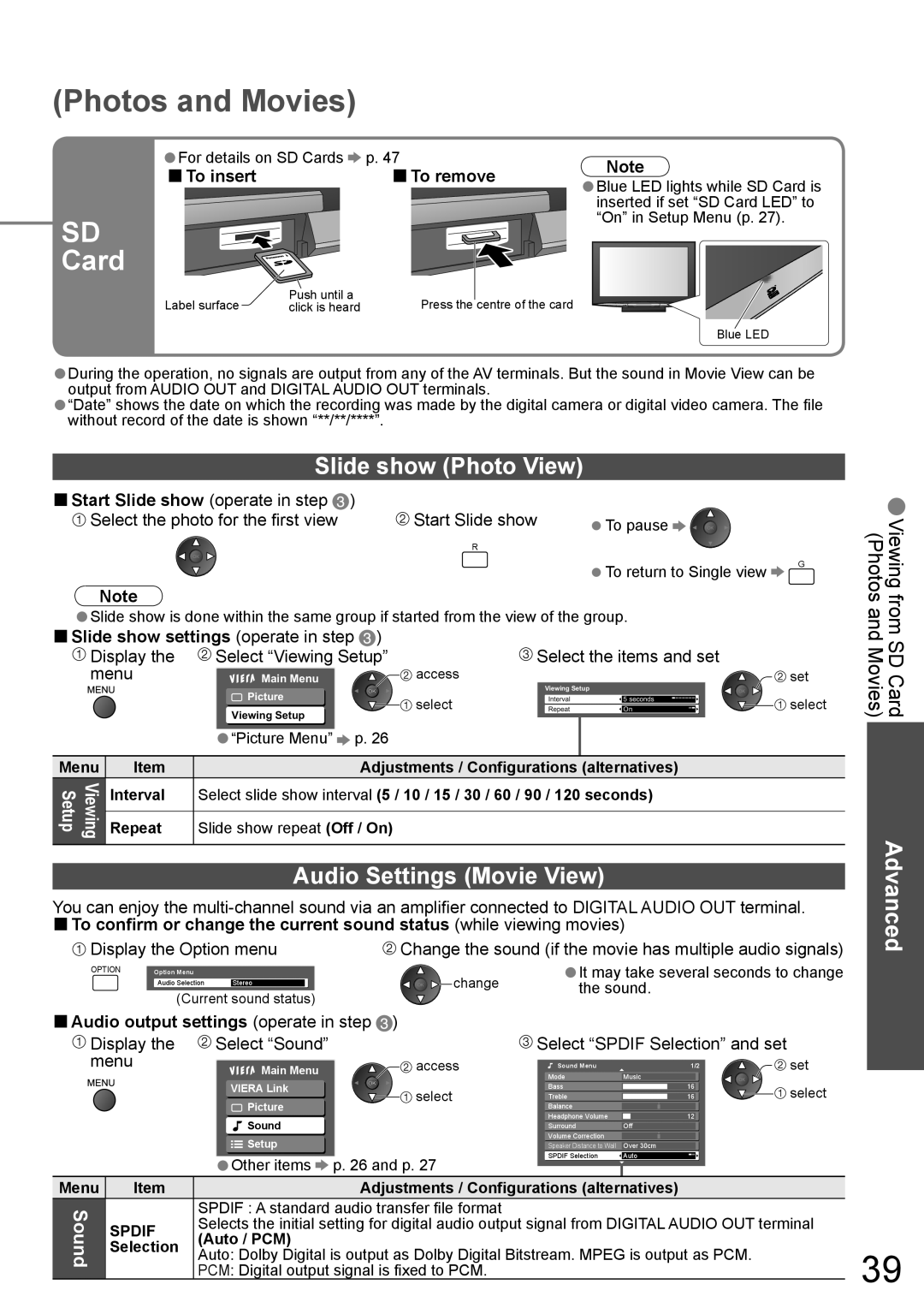 Panasonic TH-42PZ850AZ, TH-50PZ850AZ operating instructions Slide show Photo View, Audio Settings Movie View 