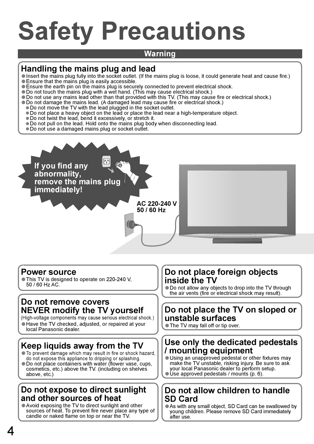 Panasonic TH-50PZ850AZ, TH-42PZ850AZ Safety Precautions, AC 220-240 V 50 / 60 Hz, TV may fall off or tip over 