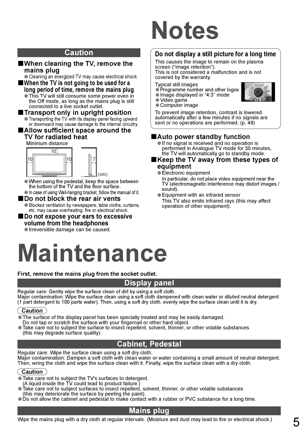 Panasonic TH-42PZ850AZ, TH-50PZ850AZ operating instructions Maintenance, Display panel, Cabinet, Pedestal, Mains plug 