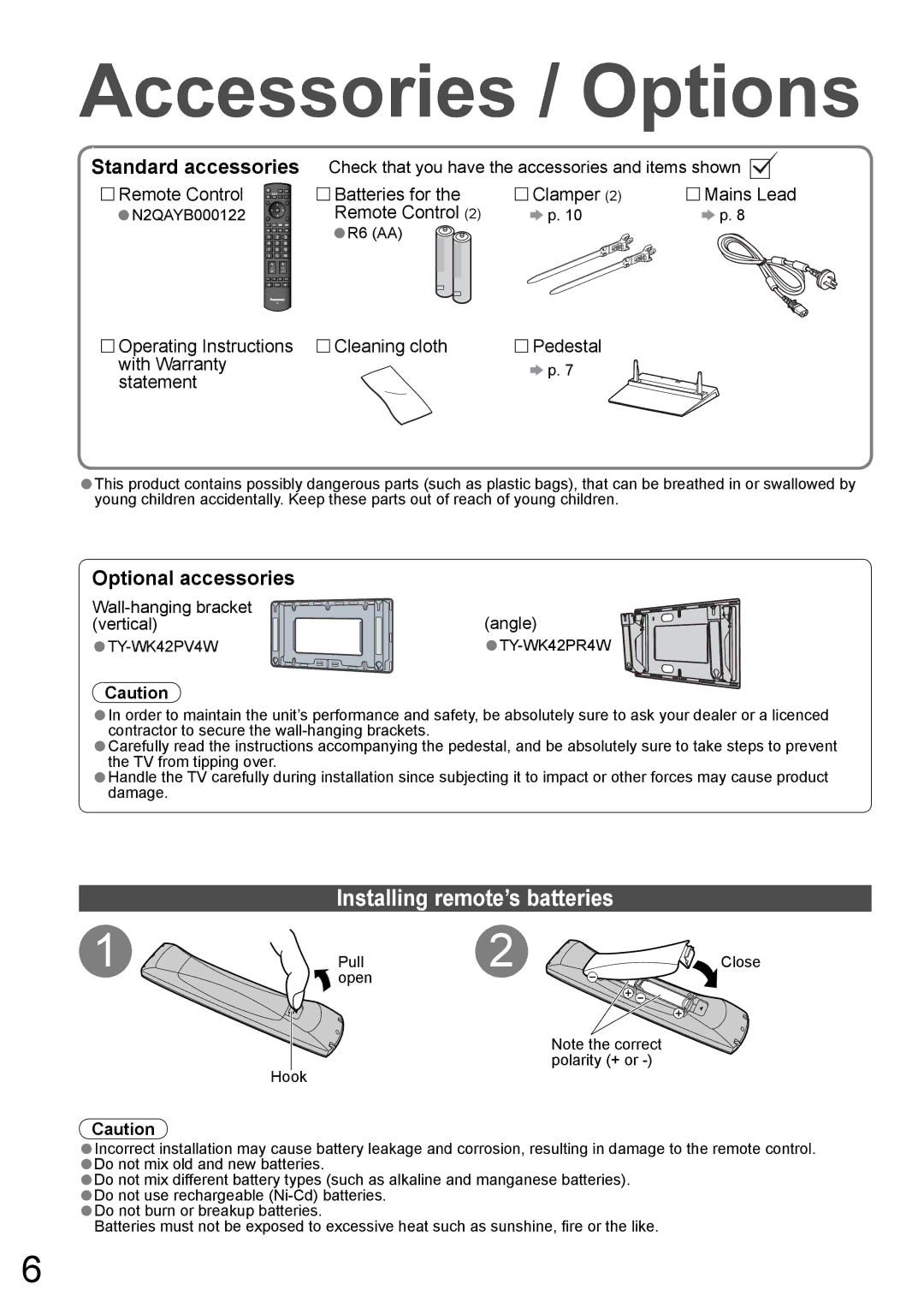 Panasonic TH-50PZ850AZ, TH-42PZ850AZ Accessories / Options, Installing remote’s batteries, N2QAYB000122, R6 AA 