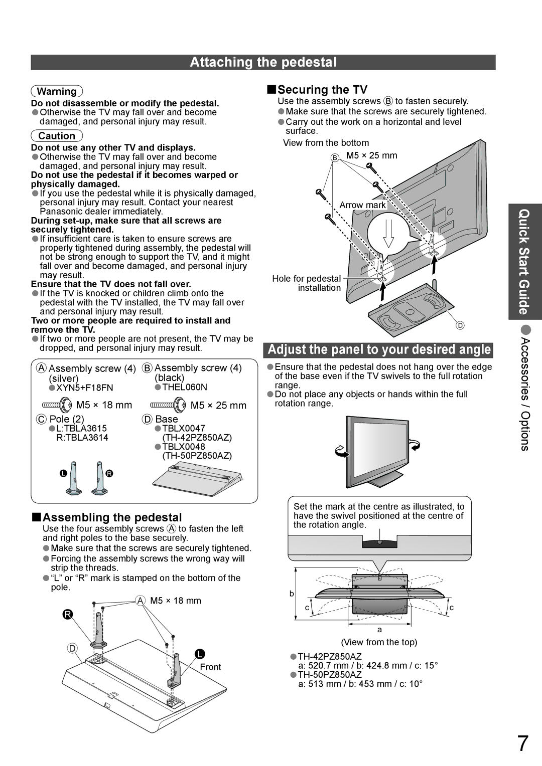 Panasonic TH-42PZ850AZ, TH-50PZ850AZ operating instructions Attaching the pedestal, Adjust the panel to your desired angle 