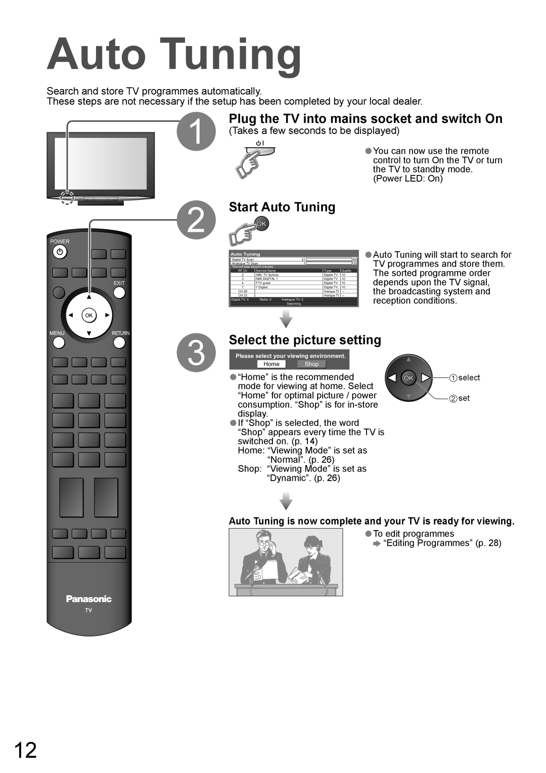 Panasonic TH-50PZ850AZ, TH-42PZ850AZ Auto Tuning, Select the picture setting, Plug the TV into mains socket and switch On 