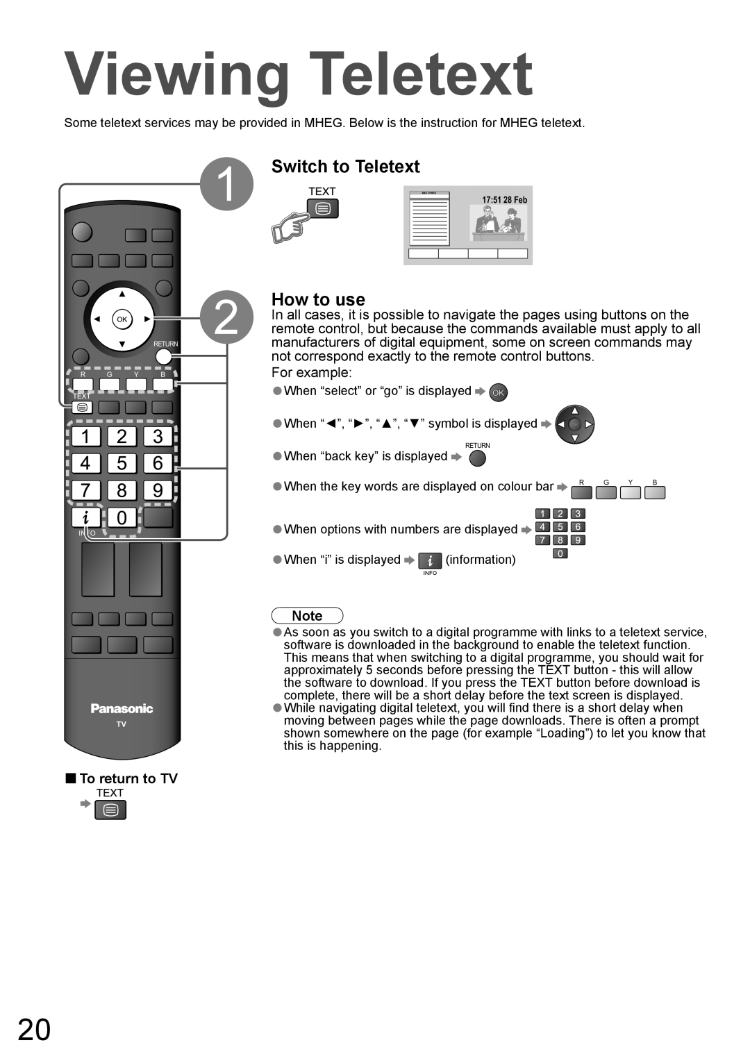Panasonic TH-50PZ850AZ, TH-42PZ850AZ How to use, Viewing Teletext, Switch to Teletext, For example, To return to TV 