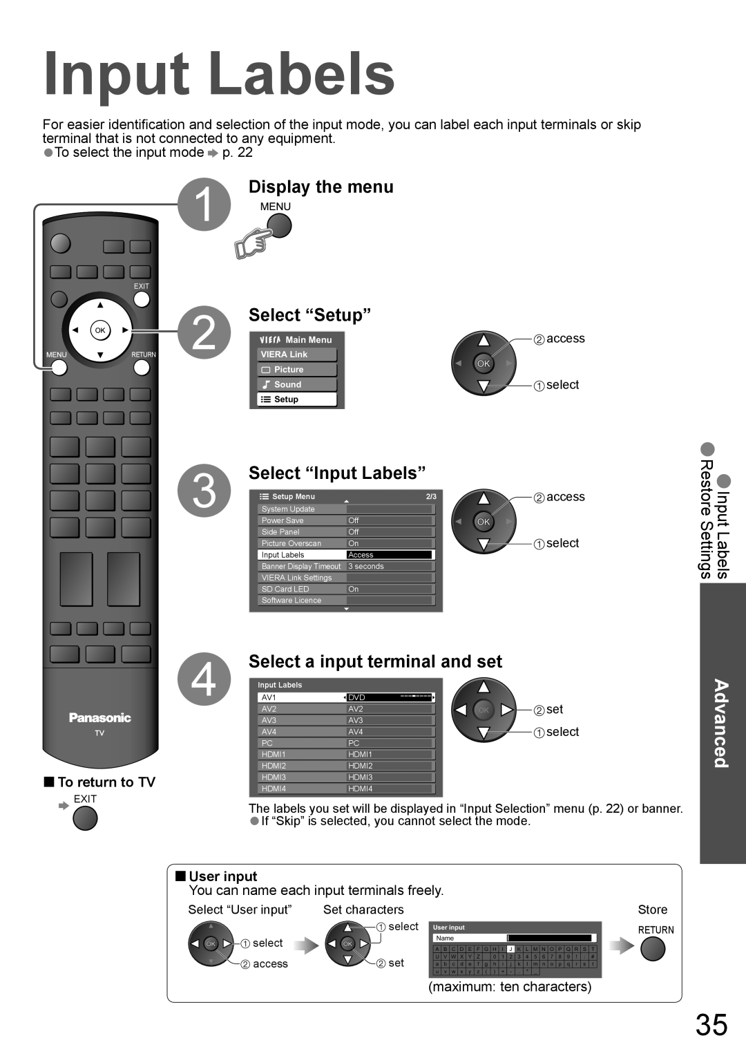 Panasonic TH-42PZ850AZ Input Labels, Display the menu Select “Setup”, To select the input mode p, To return to TV, access 
