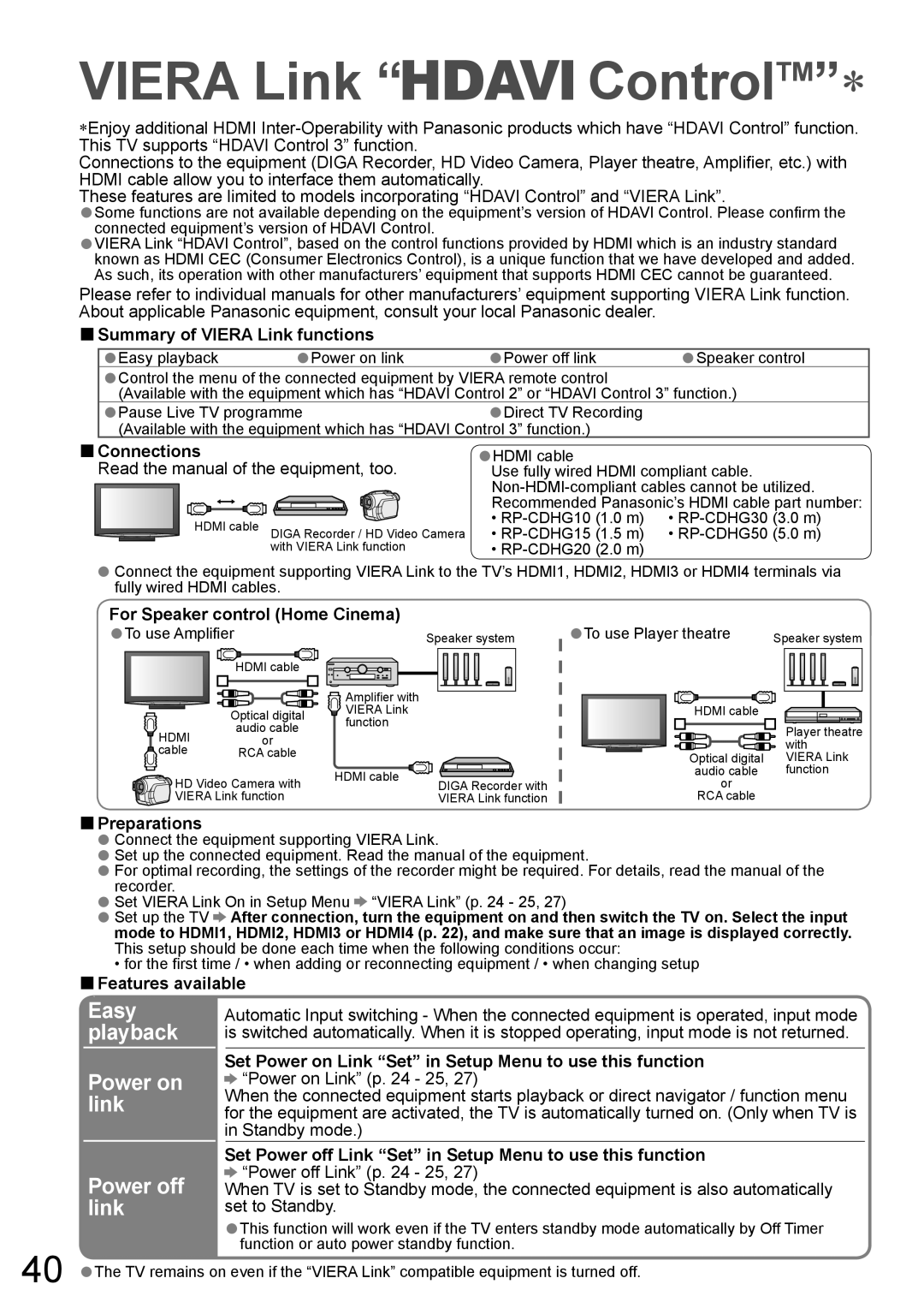 Panasonic TH-50PZ850AZ VIERA Link “ ControlTM”∗, Easy playback, Summary of VIERA Link functions, Connections, Preparations 