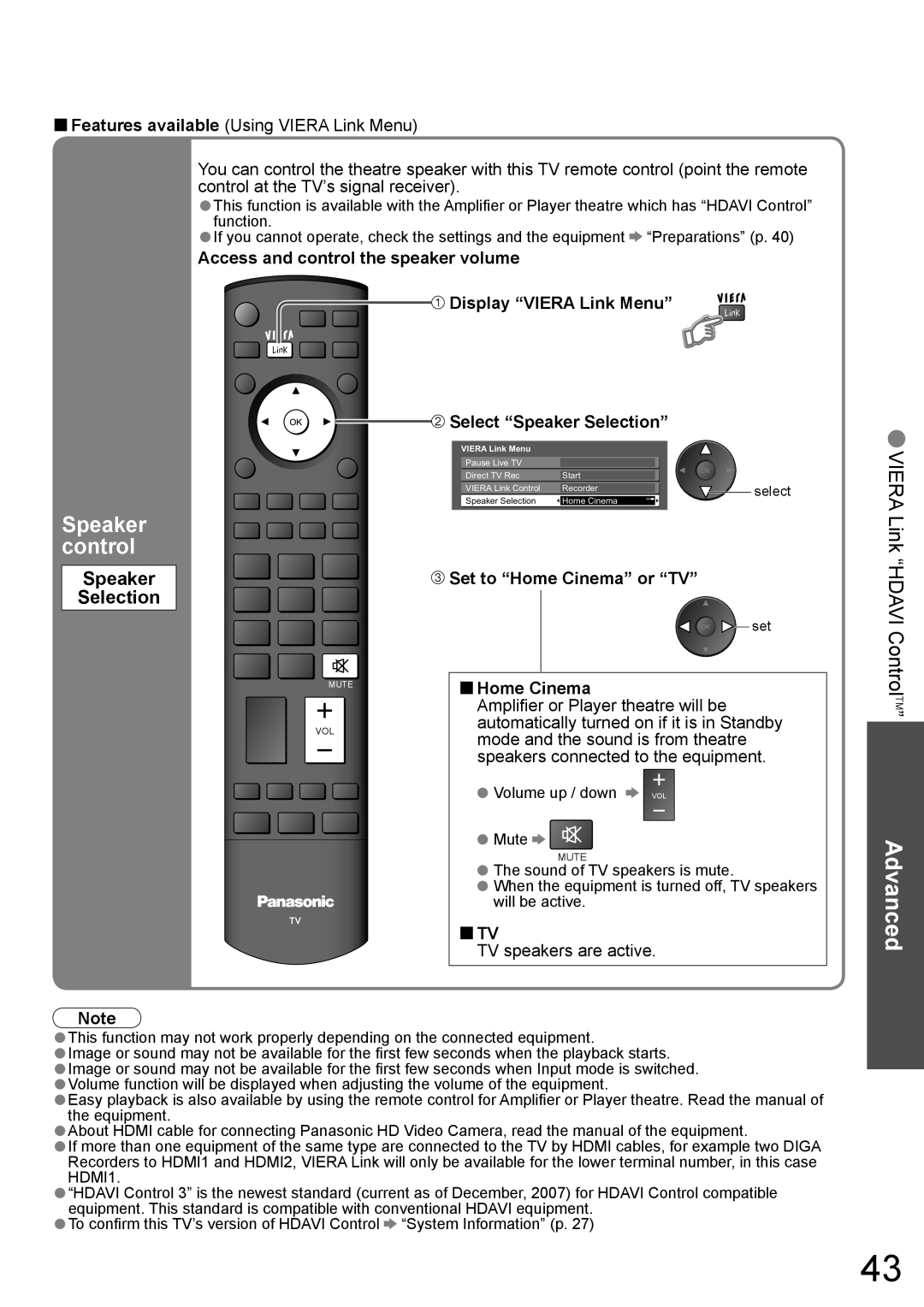 Panasonic TH-42PZ850AZ Advanced, “HDAVI ControlTM”, Speaker Selection, Display “VIERA Link Menu”, Home Cinema 