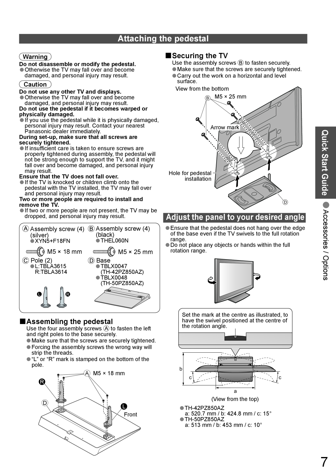 Panasonic TH-42PZ850AZ Attaching the pedestal, Securing the TV, Quick Start Guide Accessories / Options, Assembly screw 