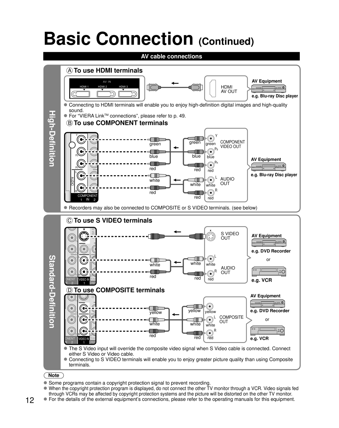 Panasonic TH-50PZ850U quick start AV cable connections, Vcr 