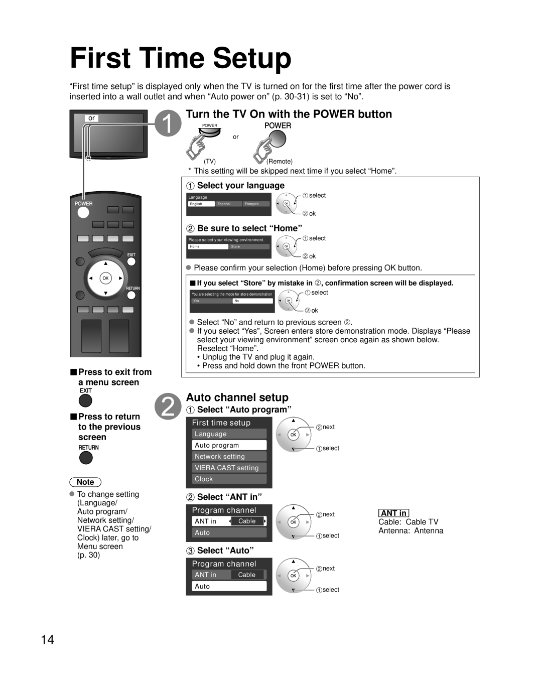 Panasonic TH-50PZ850U First Time Setup, Turn the TV On with the Power button, Select your language, Be sure to select Home 