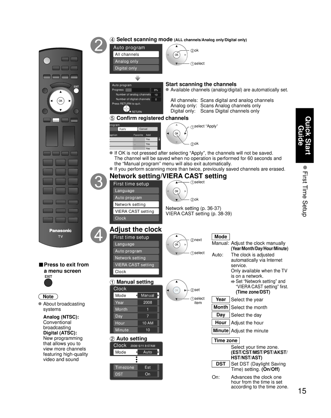 Panasonic TH-50PZ850U quick start Network setting/VIERA Cast setting, Adjust the clock 