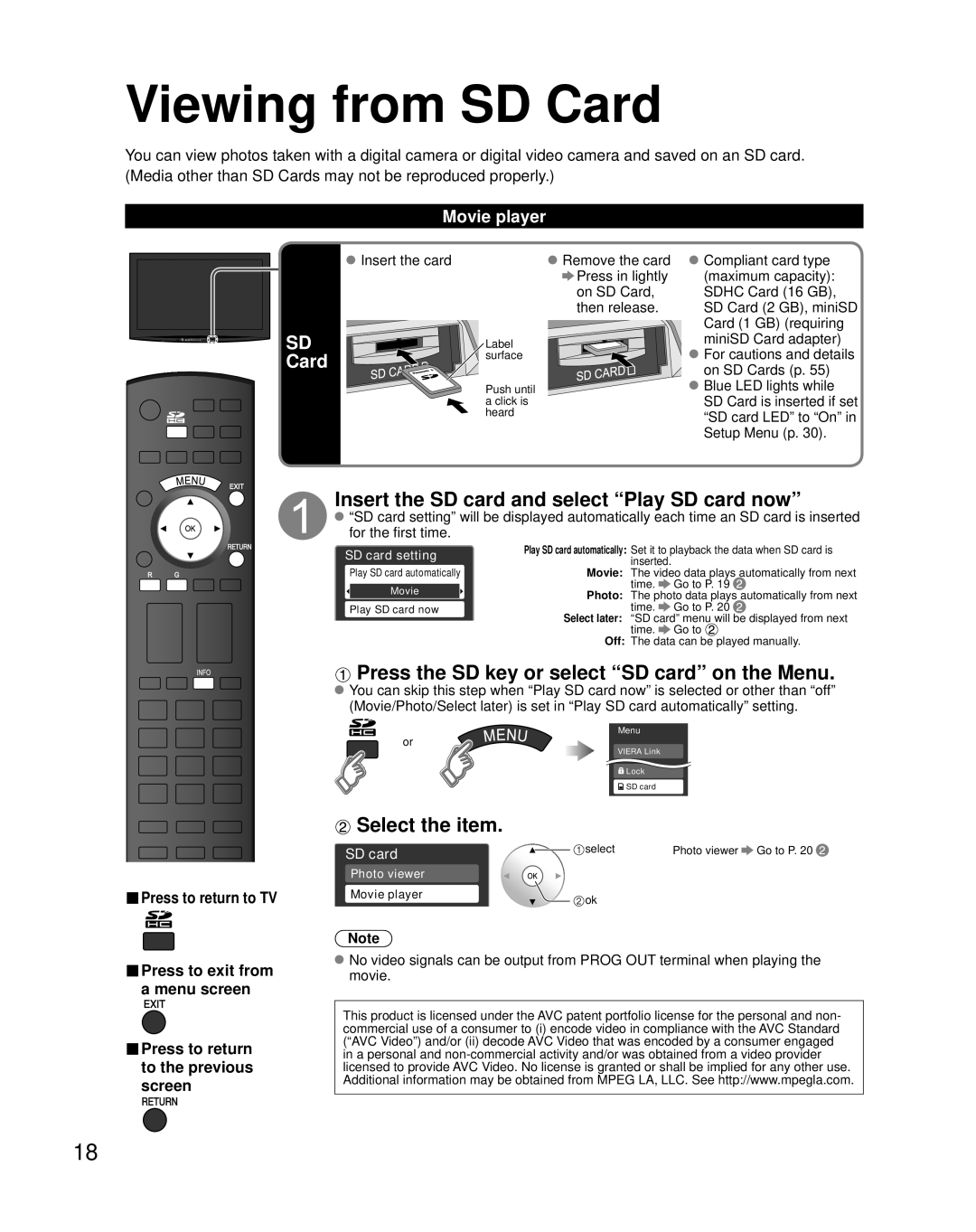 Panasonic TH-50PZ850U quick start Viewing from SD Card, Insert the SD card and select Play SD card now, Select the item 