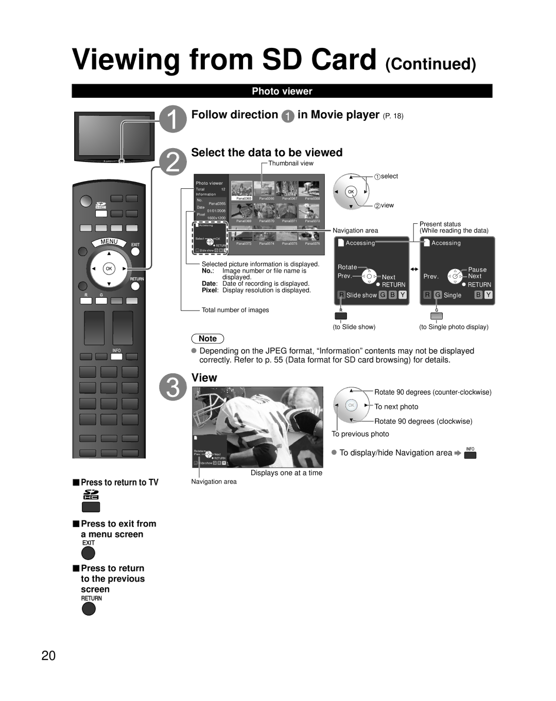 Panasonic TH-50PZ850U quick start Photo viewer, Press to return to TV 