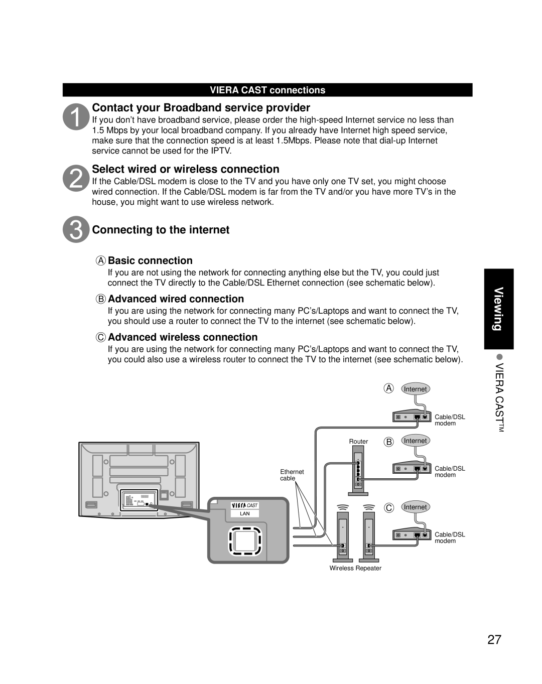 Panasonic TH-50PZ850U Contact your Broadband service provider, Select wired or wireless connection, Viera Cast connections 