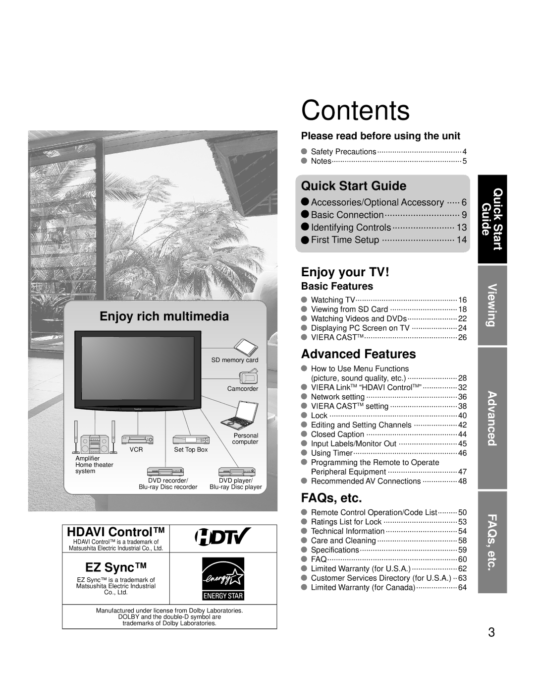 Panasonic TH-50PZ850U quick start Contents 