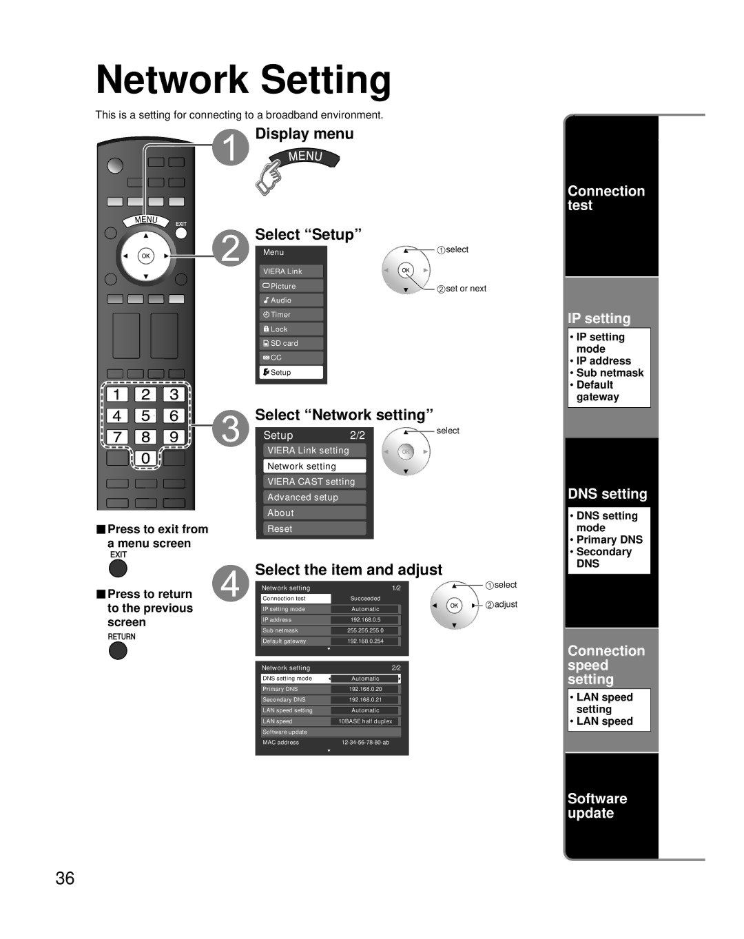 Panasonic TH-50PZ850U Network Setting, Display menu Select Setup, Select Network setting, Select the item and adjust 