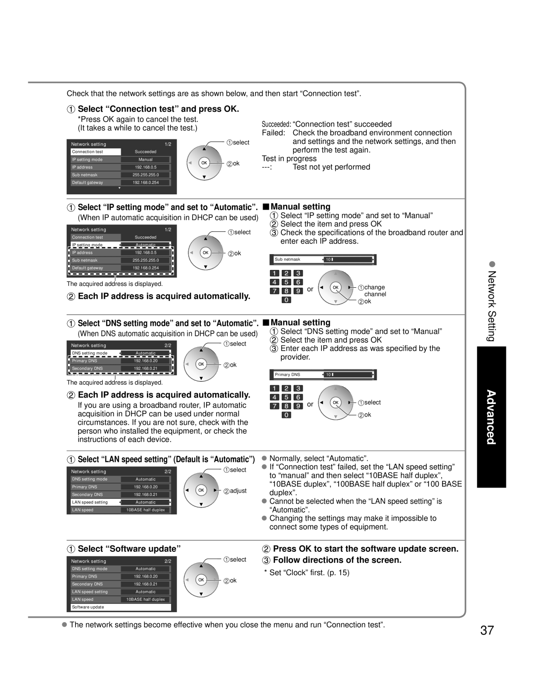 Panasonic TH-50PZ850U quick start Select Connection test and press OK, Each IP address is acquired automatically 