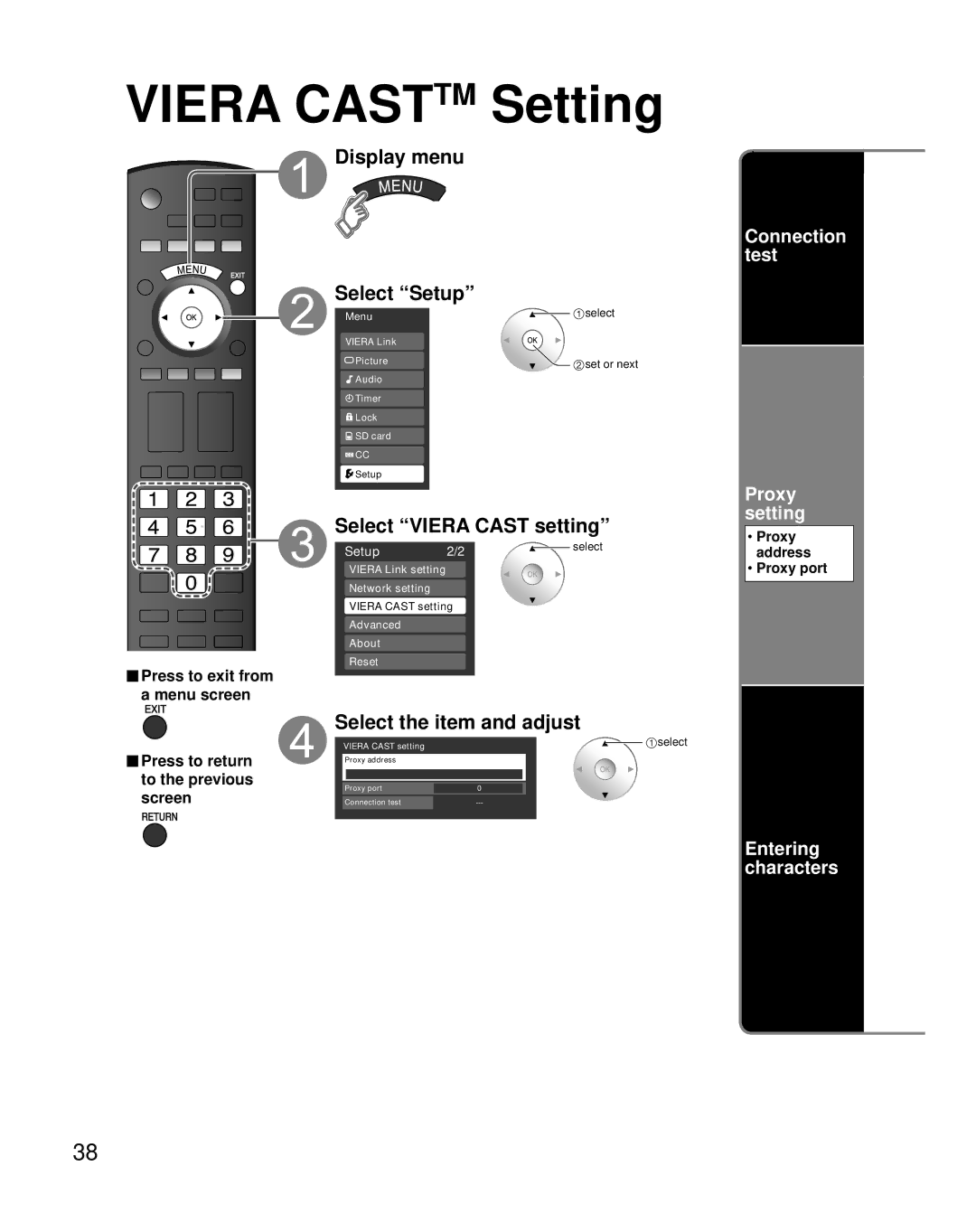 Panasonic TH-50PZ850U Viera Casttm Setting, Select Viera Cast setting, Connection test Proxy setting, Entering characters 