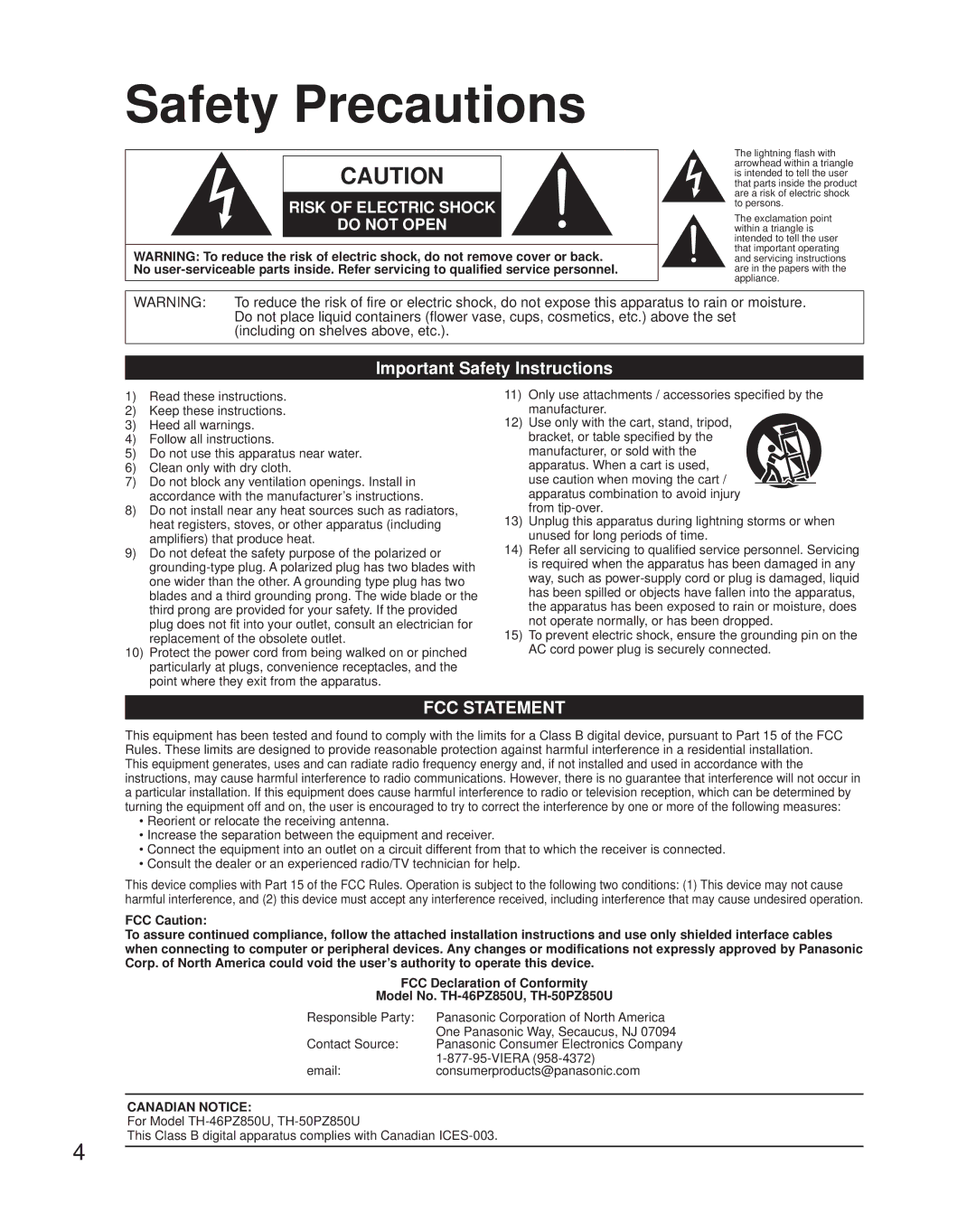 Panasonic TH-50PZ850U quick start Safety Precautions, Important Safety Instructions 