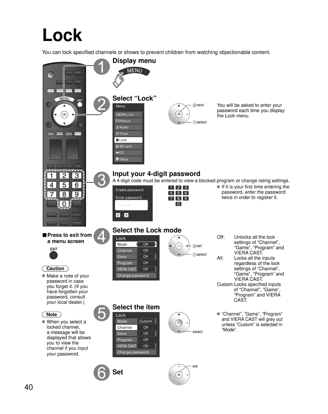 Panasonic TH-50PZ850U quick start Display menu Select Lock, Input your 4-digit password, Select the Lock mode 