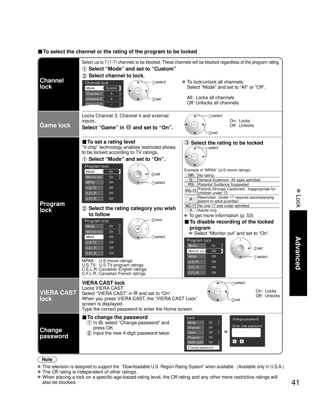 Panasonic TH-50PZ850U quick start Channel lock, Game lock, Program lock, Viera Cast lock, Change password 