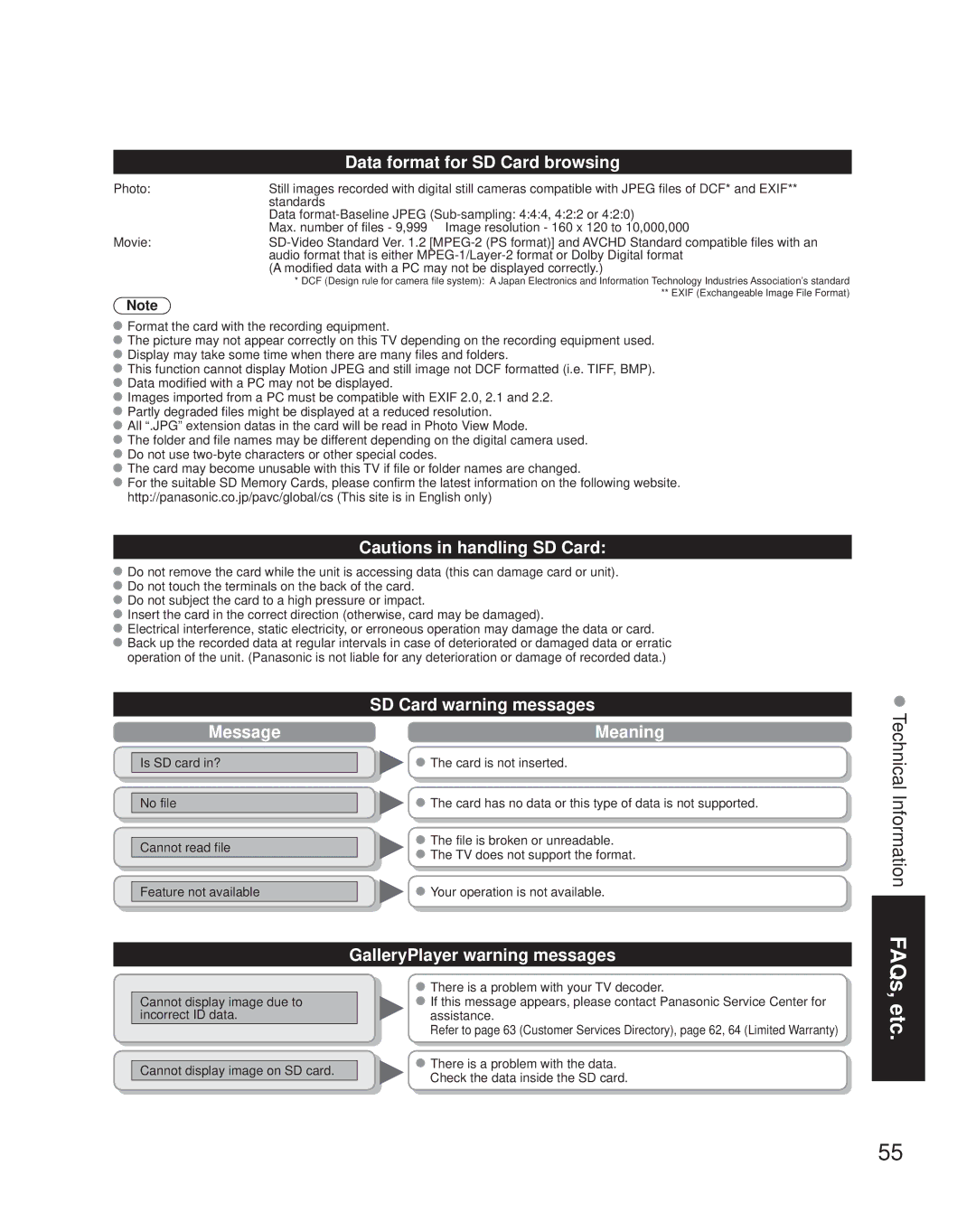 Panasonic TH-50PZ850U quick start Data format for SD Card browsing, Message, SD Card warning messages Meaning 