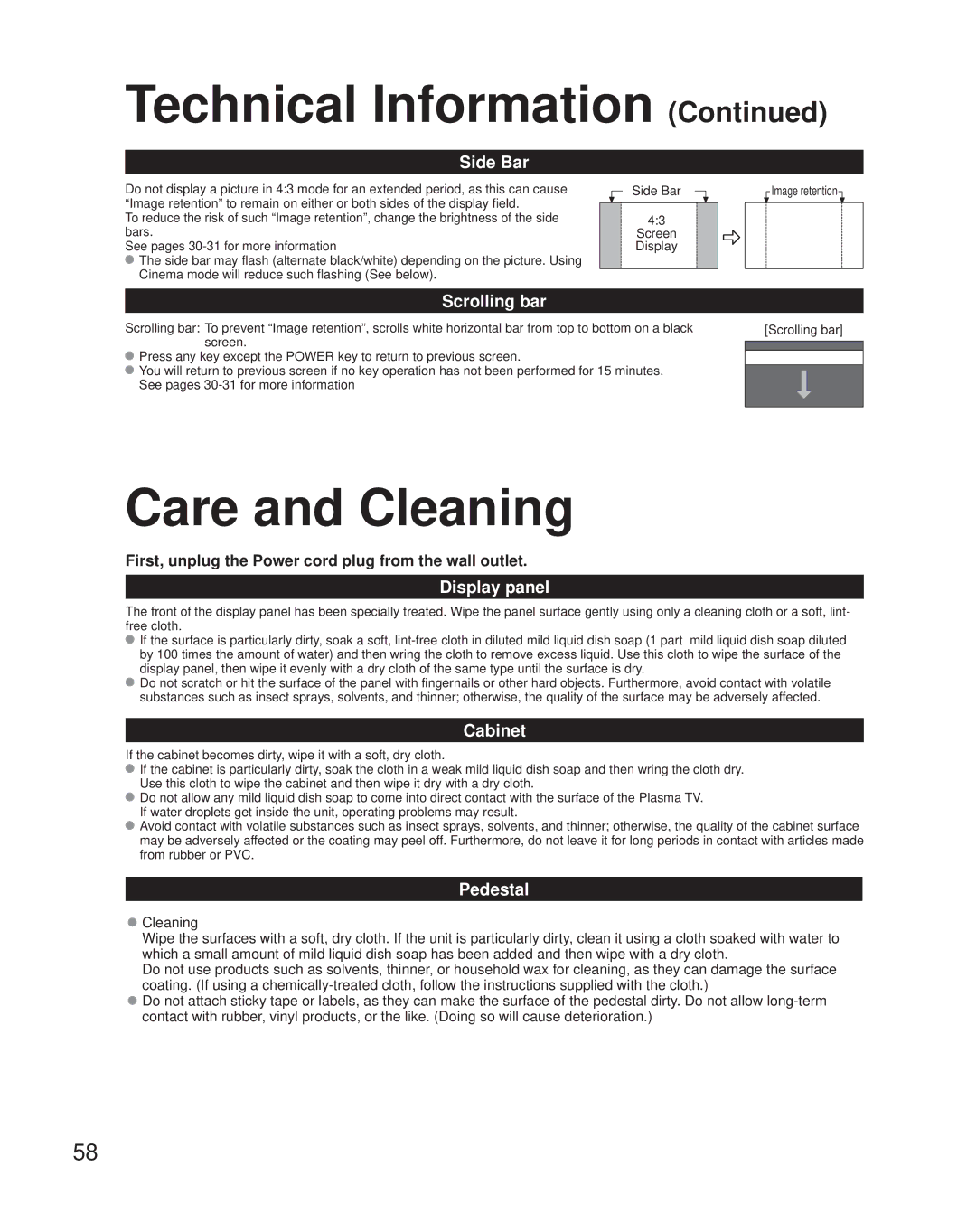 Panasonic TH-50PZ850U quick start Care and Cleaning 