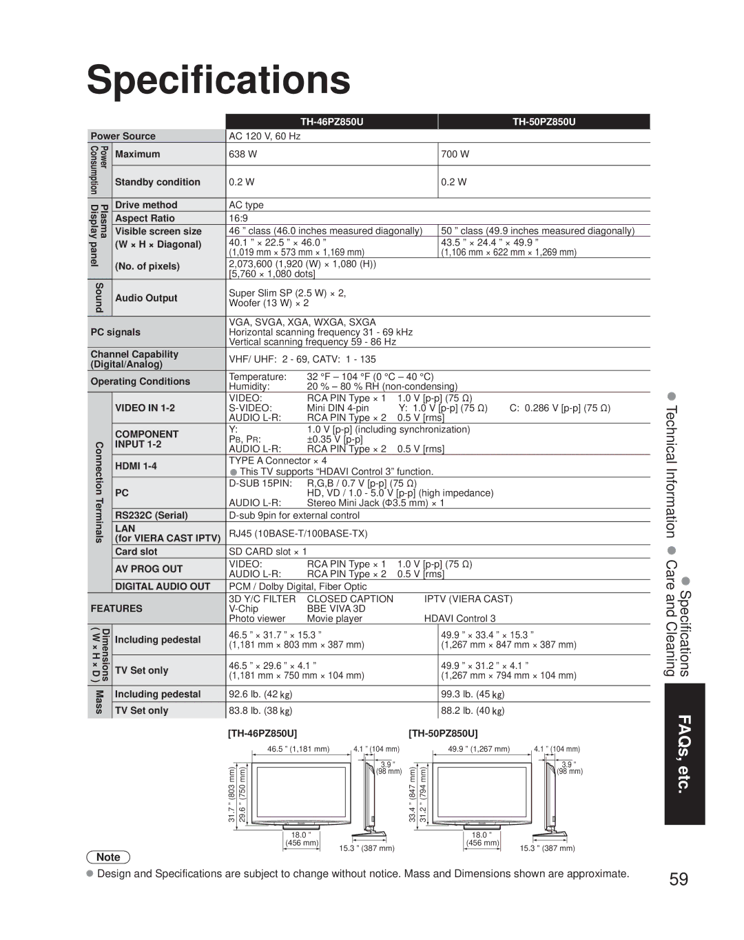 Panasonic quick start Specifications, TH-46PZ850U TH-50PZ850U 