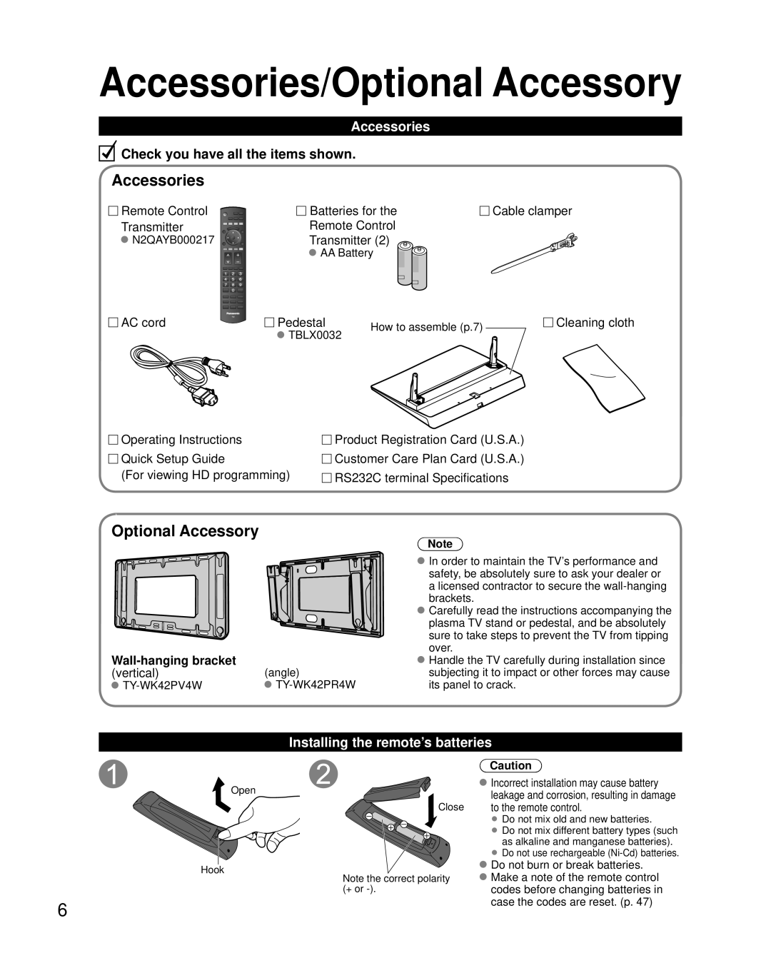 Panasonic TH-50PZ850U quick start Accessories/Optional Accessory, Installing the remote’s batteries 