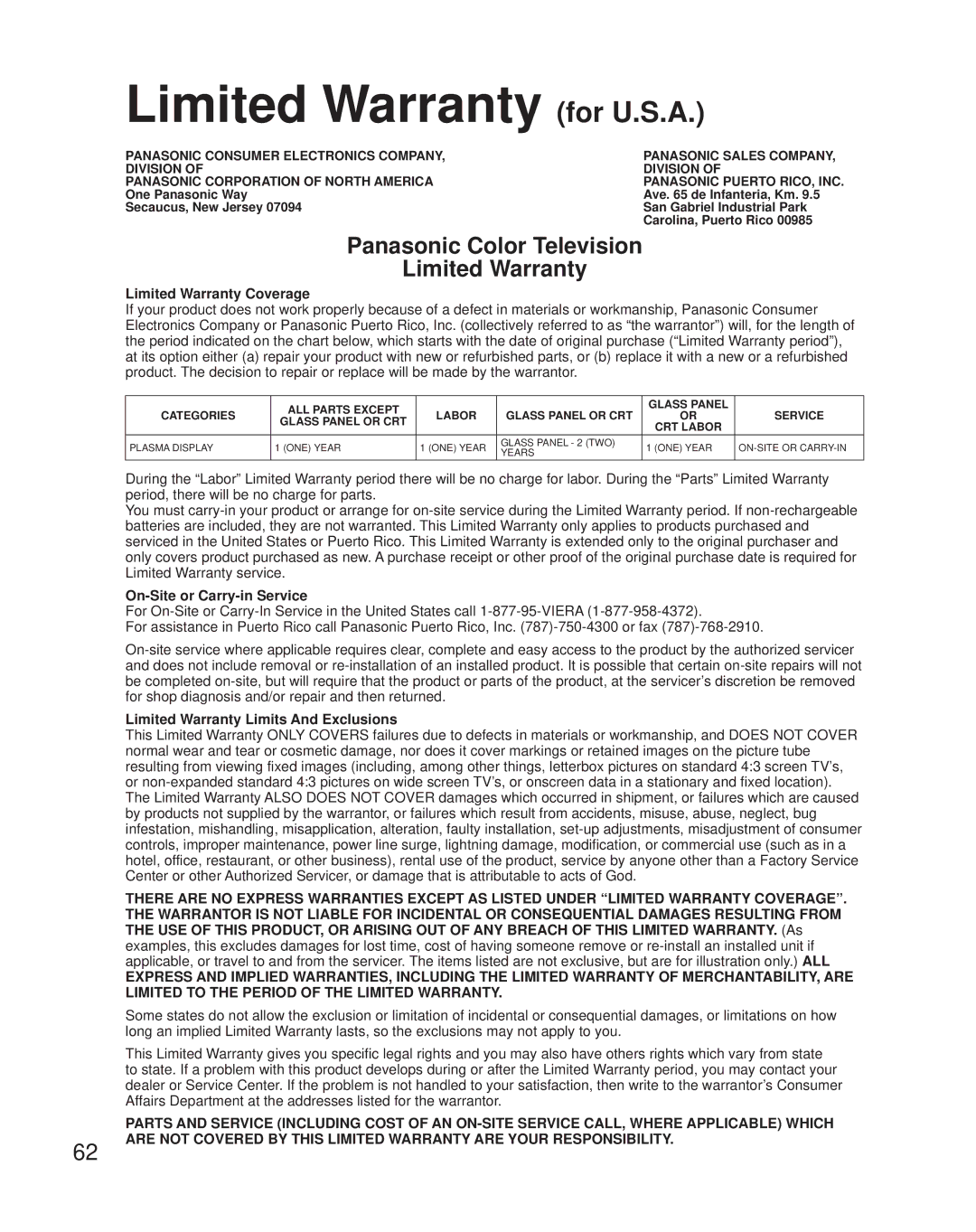 Panasonic TH-50PZ850U quick start Limited Warranty for U.S.A, Limited Warranty Coverage, On-Site or Carry-in Service 