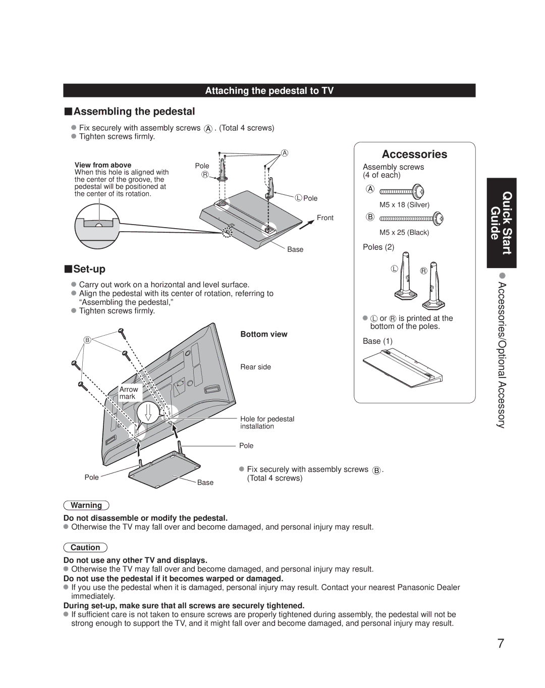 Panasonic TH-50PZ850U quick start Attaching the pedestal to TV, Bottom view, Do not disassemble or modify the pedestal 