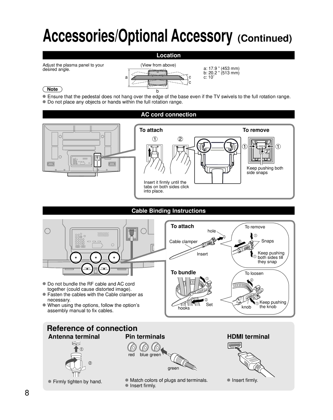 Panasonic TH-50PZ850U quick start Location, AC cord connection, Cable Binding Instructions, To attach, To bundle 