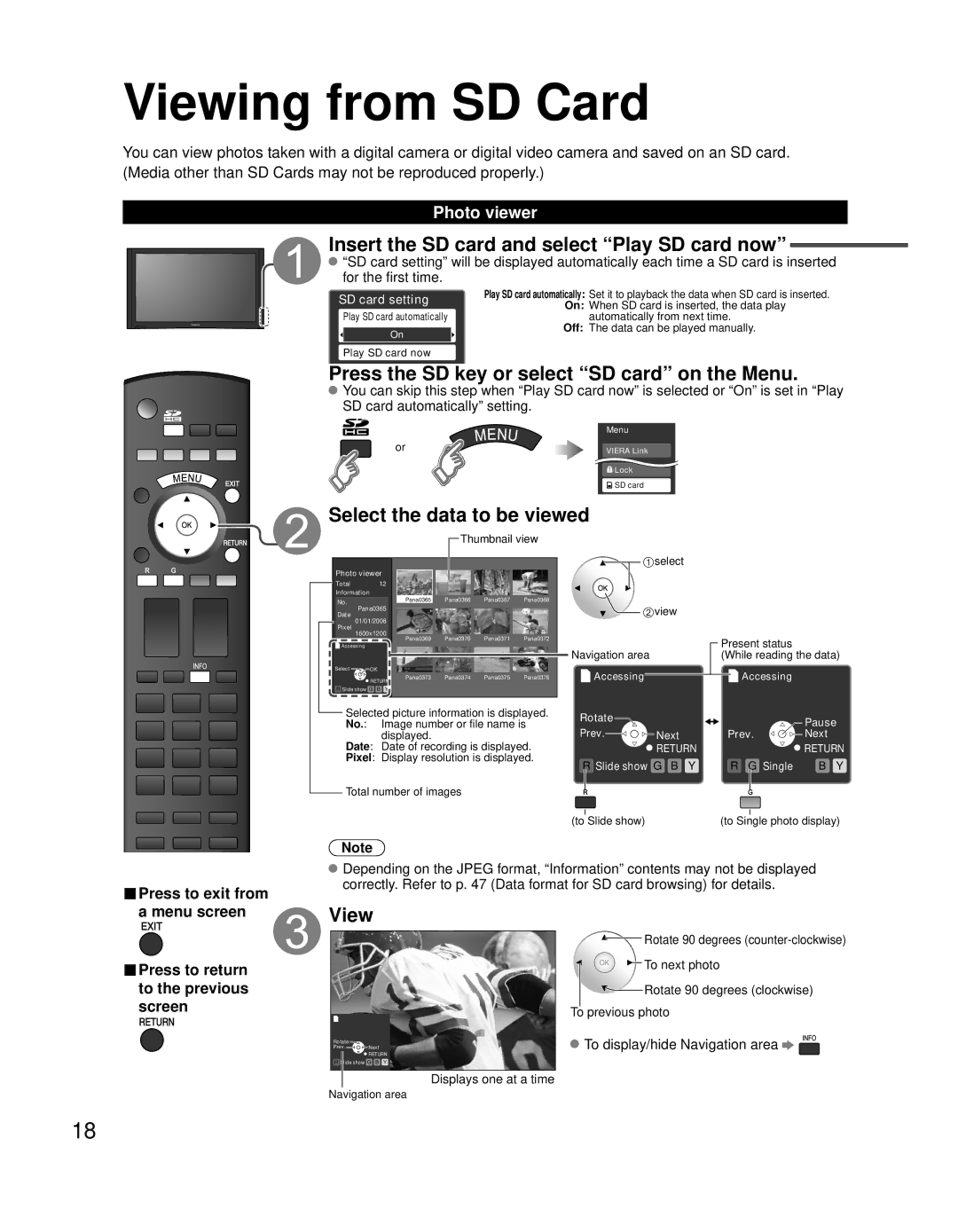 Panasonic TH-50PZ85U Viewing from SD Card, Insert the SD card and select Play SD card now, Select the data to be viewed 