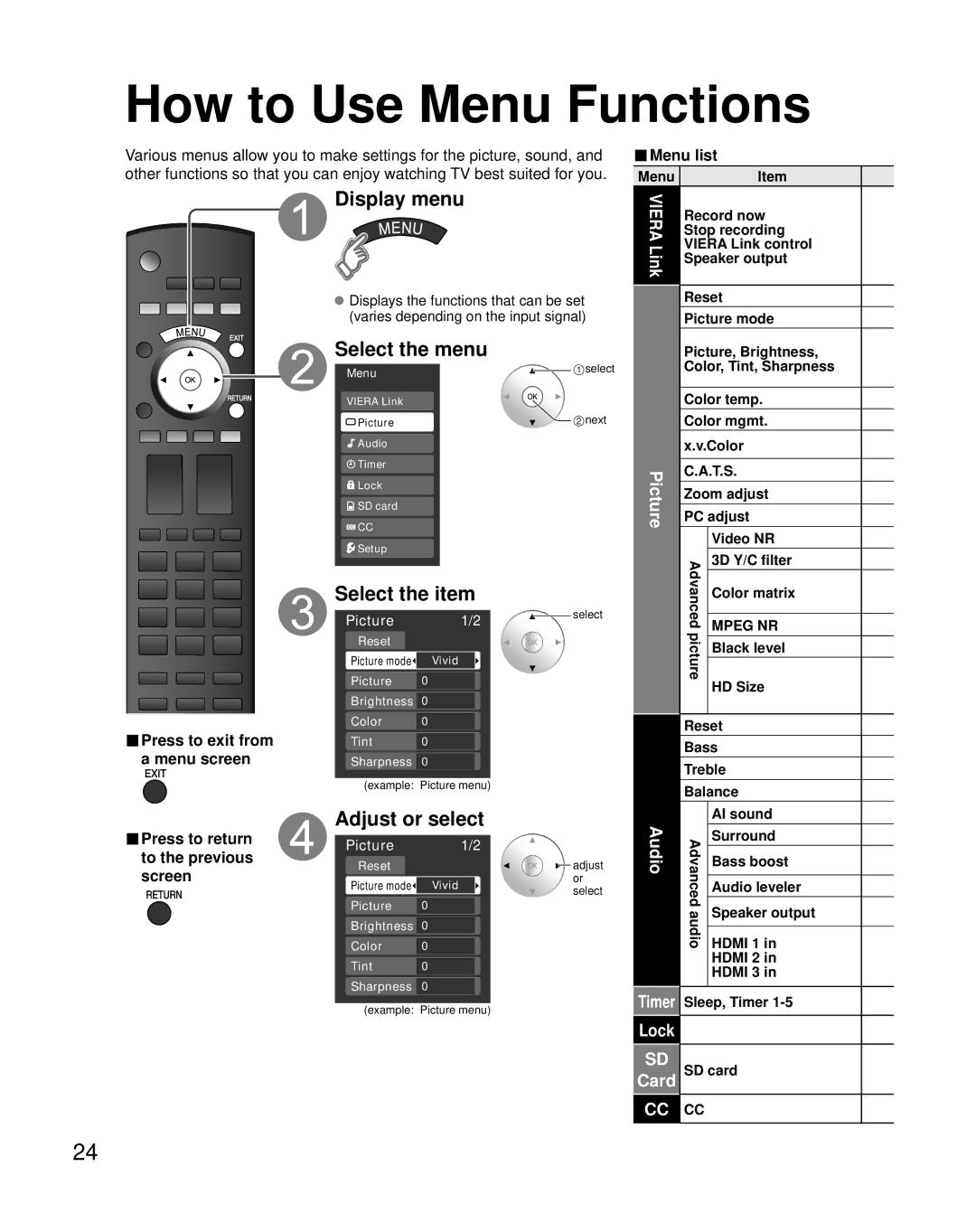 Panasonic TH-50PZ85U, TH-42PZ85U, TH-46PZ85U How to Use Menu Functions, Display menu, Select the menu, Select the item 