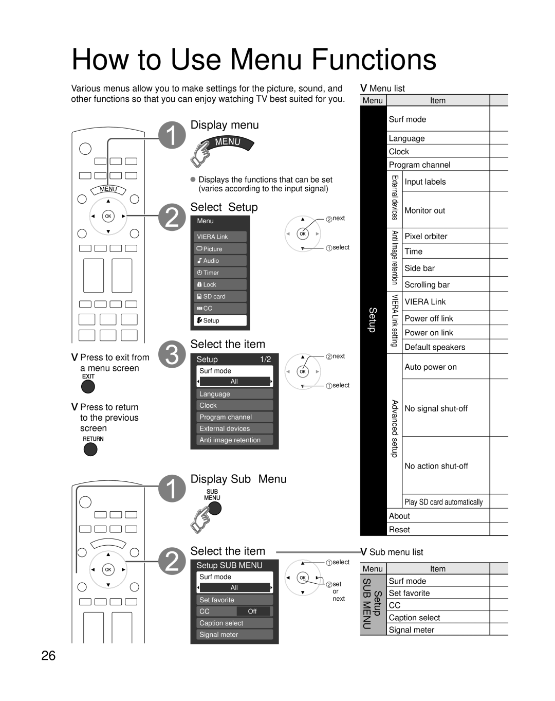 Panasonic TH-46PZ85U, TH-50PZ85U, TH-42PZ85U quick start Select Setup, Display Sub Menu, Sub menu list 