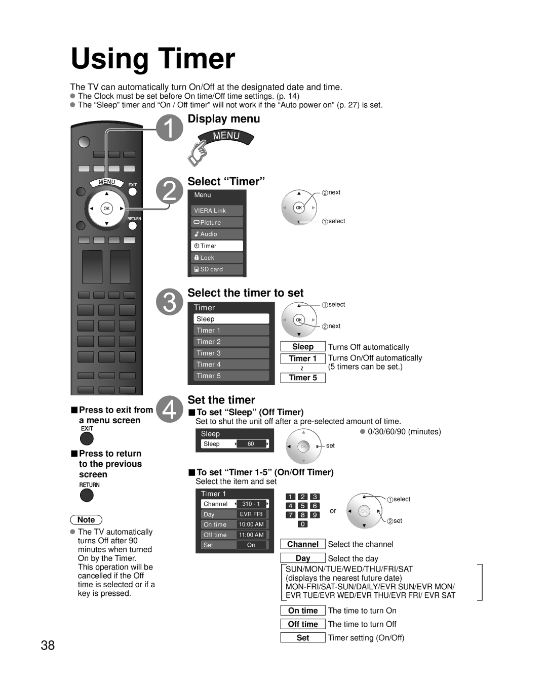 Panasonic TH-46PZ85U, TH-50PZ85U, TH-42PZ85U Using Timer, Display menu Select Timer, Select the timer to set, Set the timer 