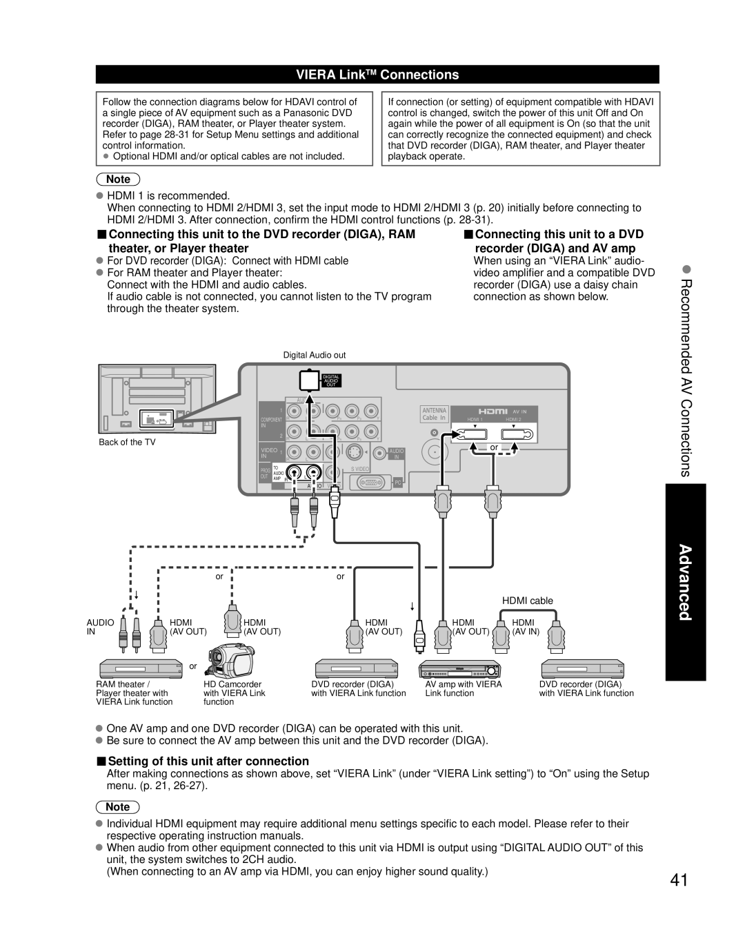 Panasonic TH-46PZ85U, TH-50PZ85U, TH-42PZ85U quick start Viera LinkTM Connections, Setting of this unit after connection 