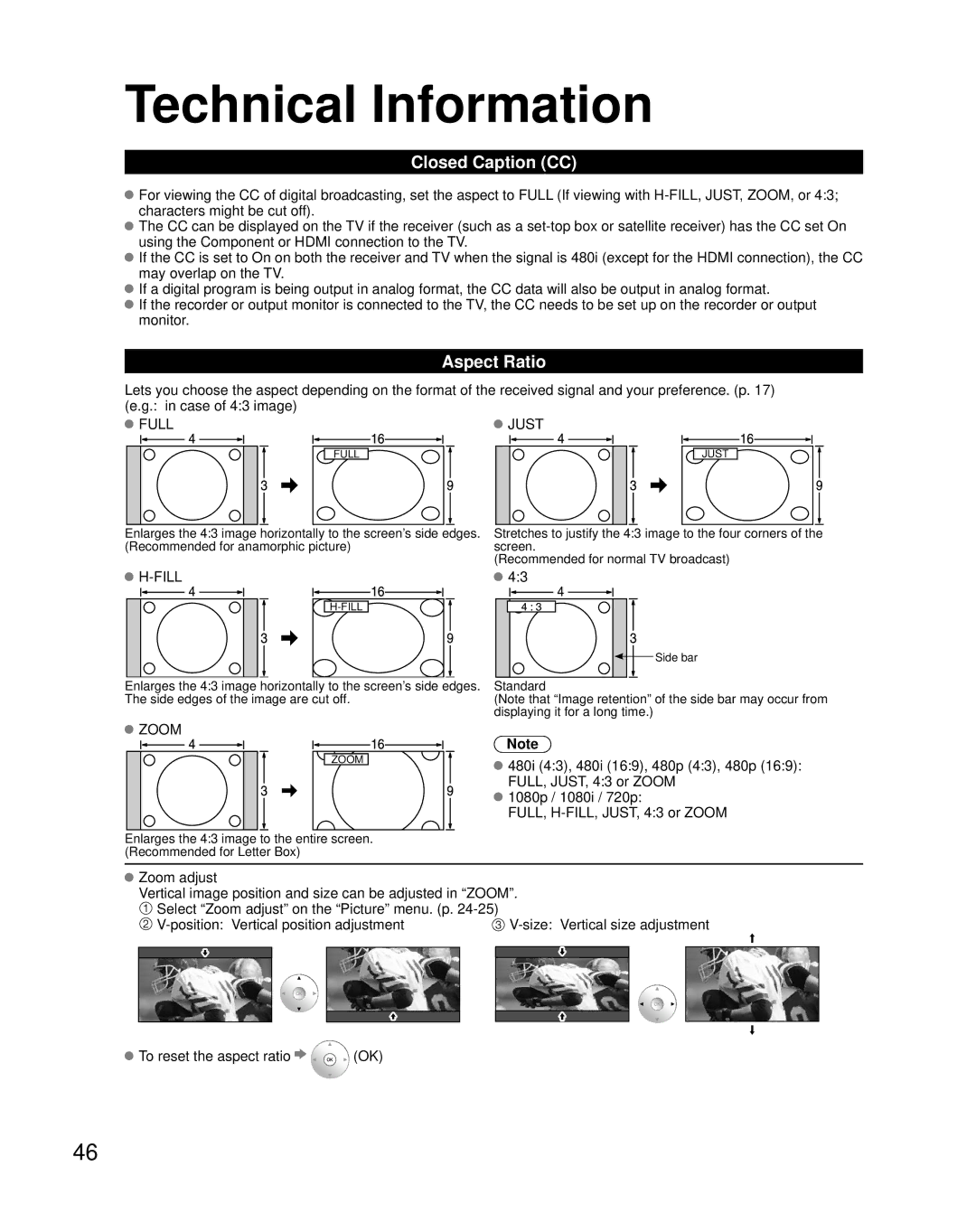 Panasonic TH-42PZ85U, TH-50PZ85U, TH-46PZ85U quick start Technical Information, Closed Caption CC, Aspect Ratio 