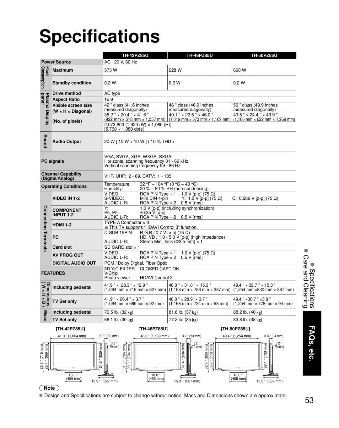 Panasonic quick start Specifications, TH-42PZ85U TH-46PZ85U TH-50PZ85U 