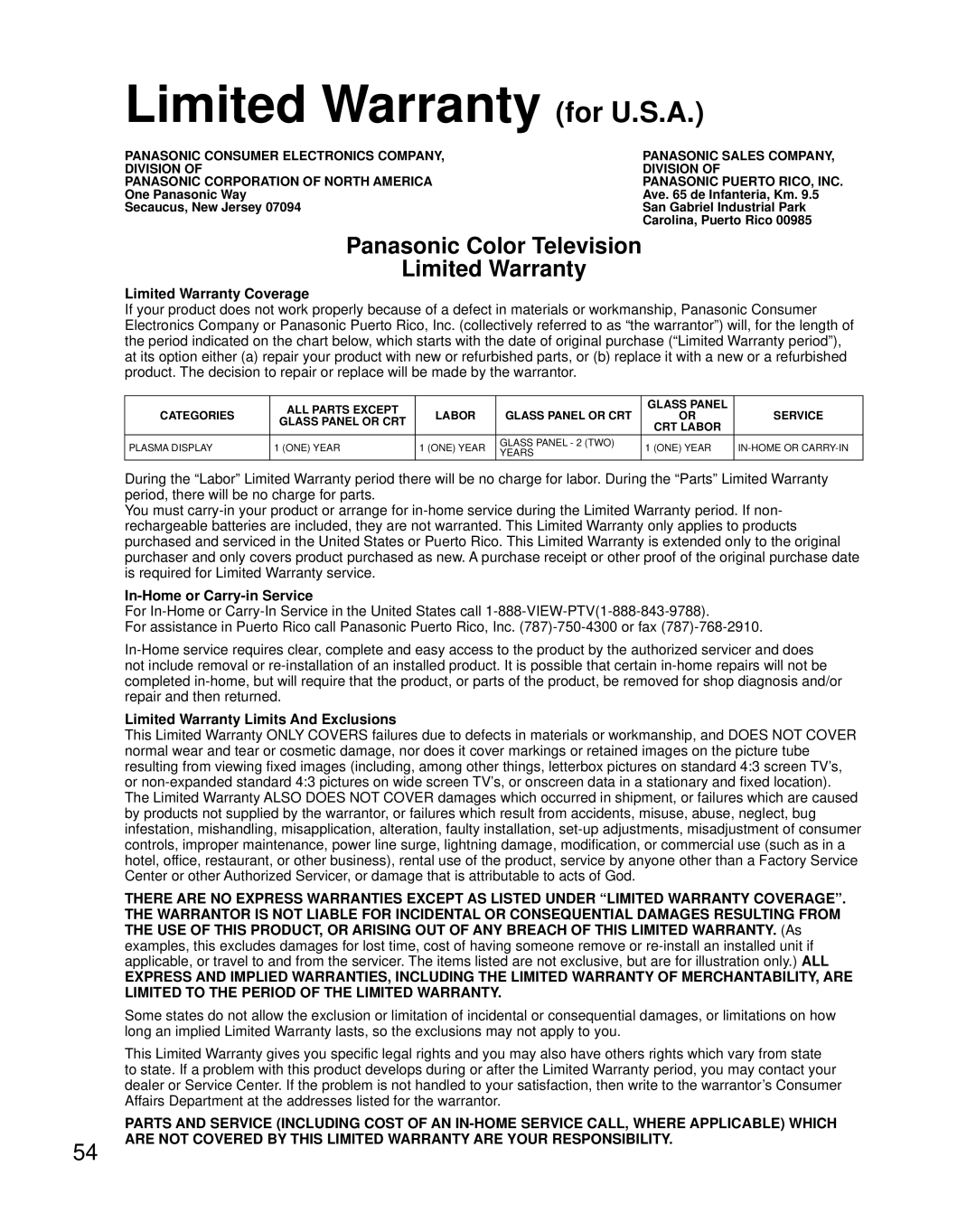 Panasonic TH-50PZ85U, TH-42PZ85U Limited Warranty for U.S.A, Limited Warranty Coverage, In-Home or Carry-in Service 