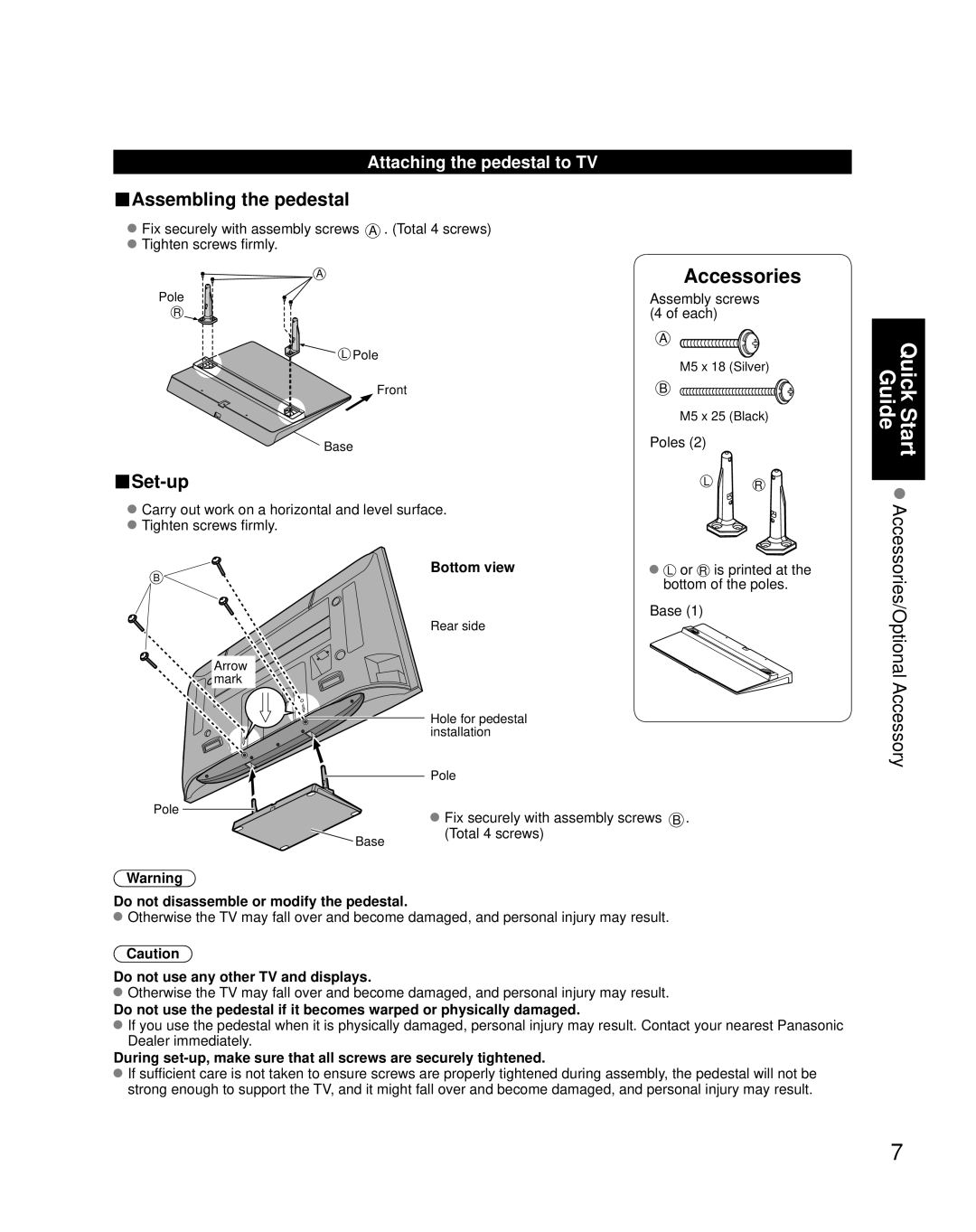 Panasonic TH-42PZ85U, TH-50PZ85U Attaching the pedestal to TV, Bottom view, Do not disassemble or modify the pedestal 