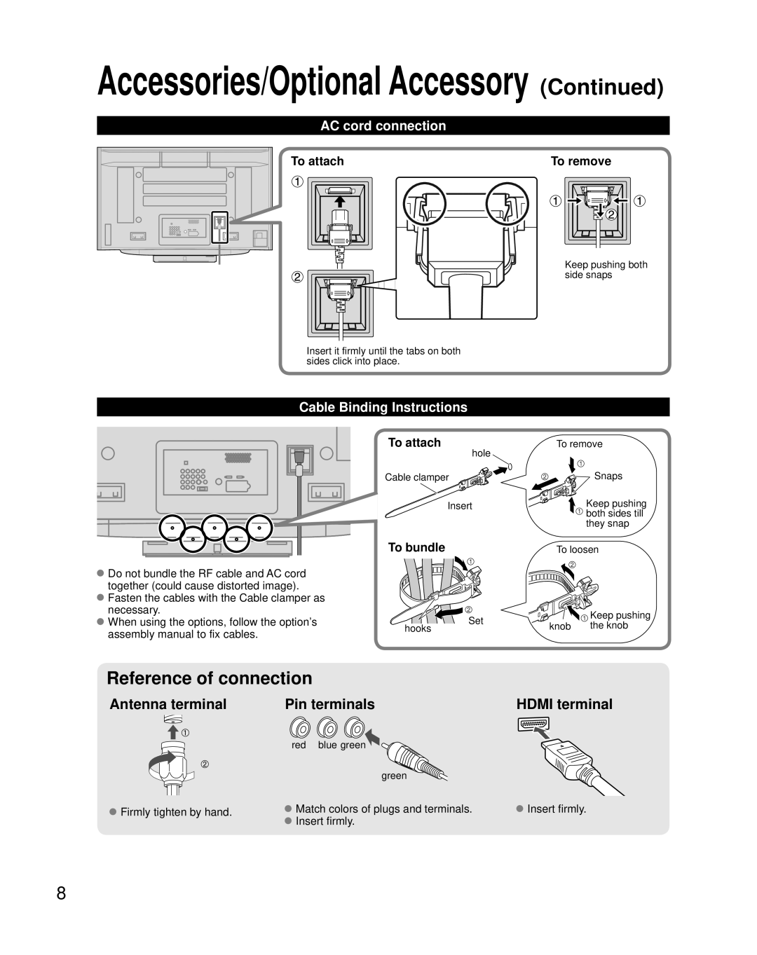 Panasonic TH-46PZ85U, TH-50PZ85U, TH-42PZ85U AC cord connection, Cable Binding Instructions, To attach To remove, To bundle 