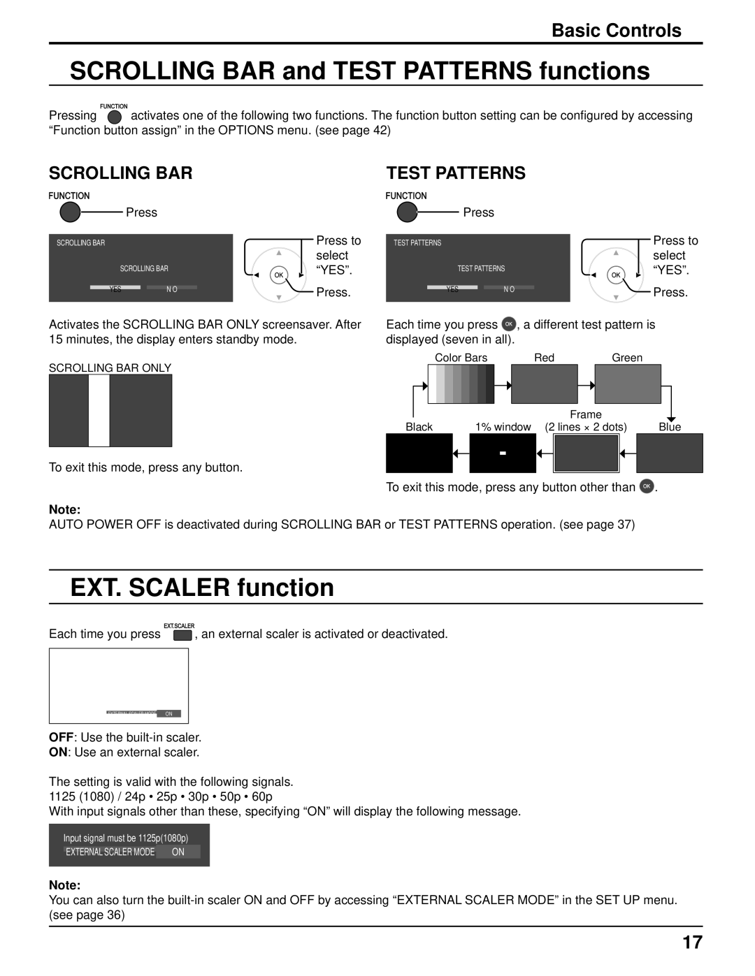 Panasonic TH 50VX100U manual Scrolling BAR and Test Patterns functions, EXT. Scaler function 