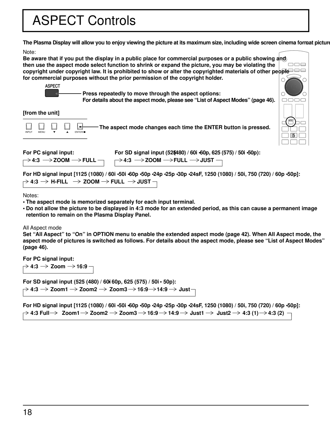 Panasonic TH 50VX100U manual Aspect Controls, Fill Zoom Full Just, All Aspect mode 