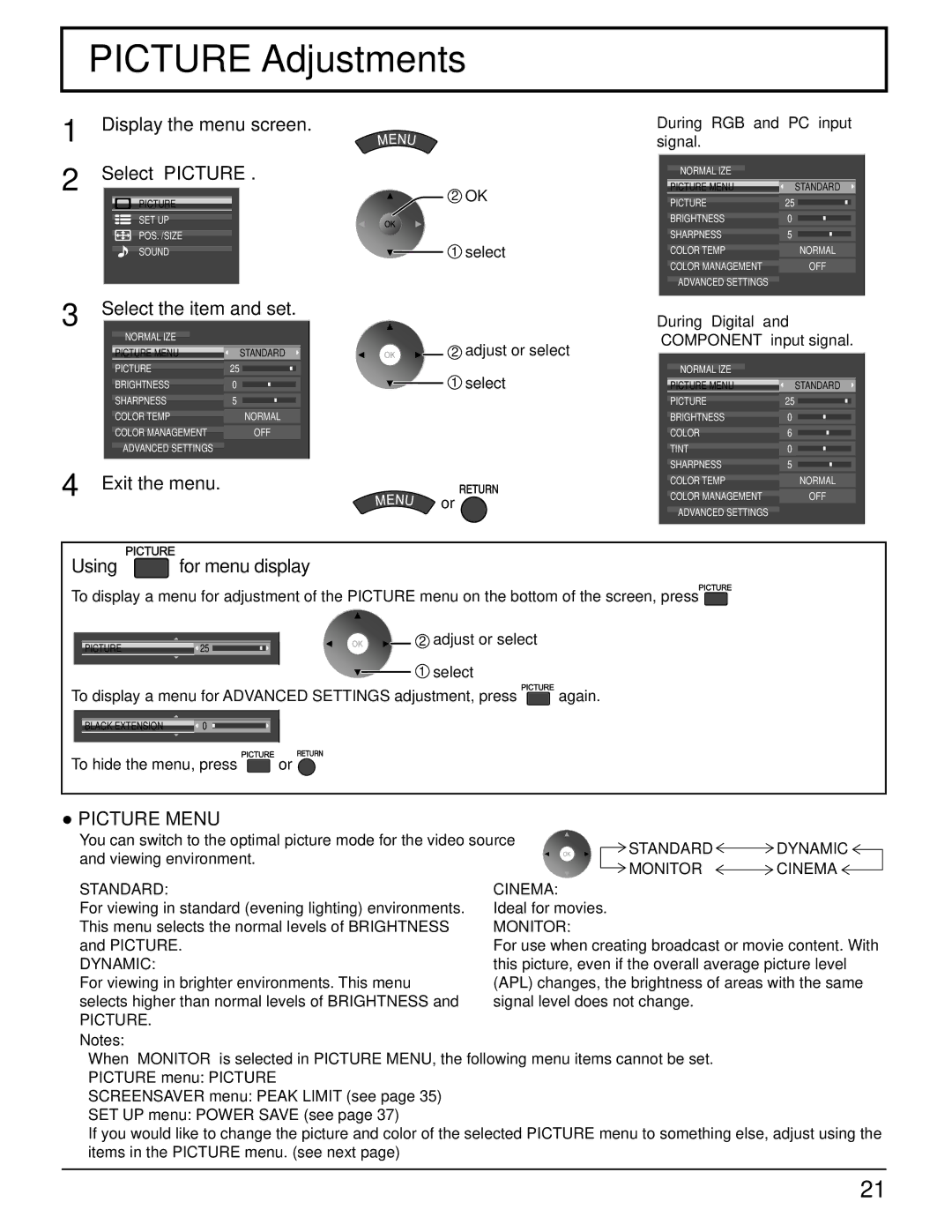 Panasonic TH 50VX100U manual Picture Adjustments, Display the menu screen, Using for menu display, Picture Menu 