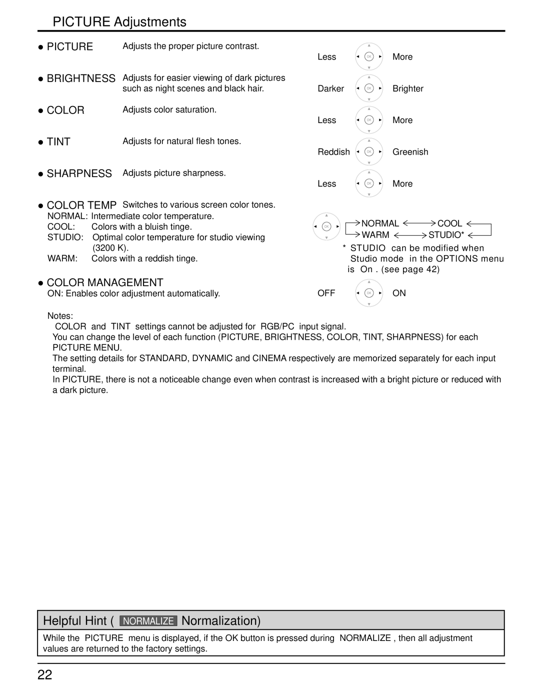 Panasonic TH 50VX100U manual Picture Adjustments 