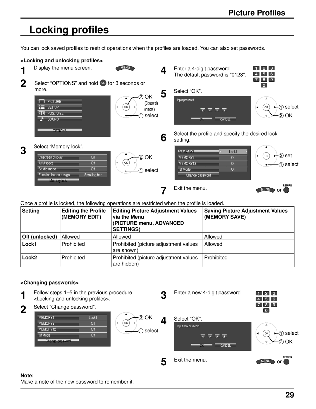 Panasonic TH 50VX100U manual Locking profiles, Memory Edit, Memory Save, Settings 